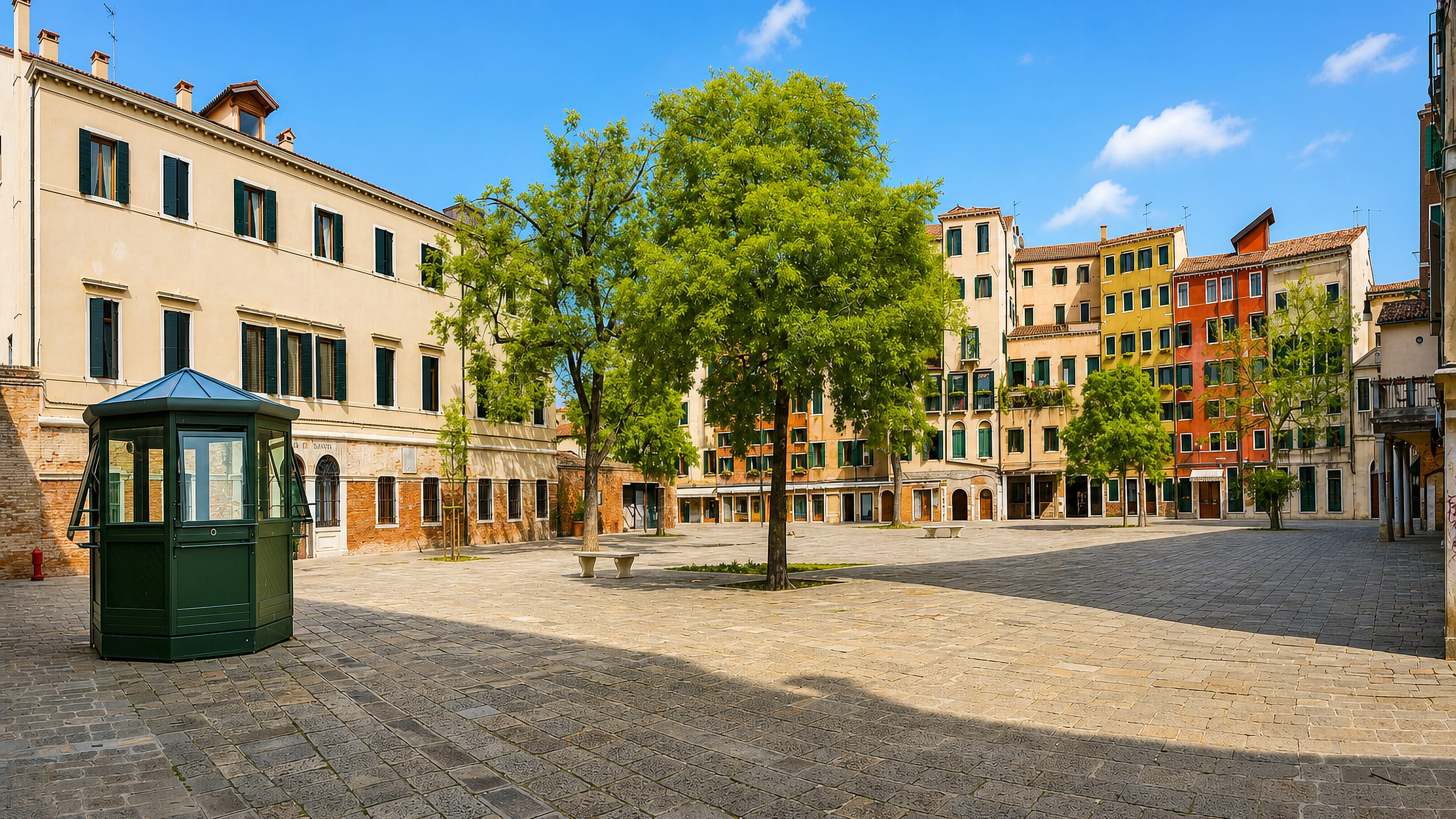 The wide paved campo of the Venetian Ghetto in Venice, ringed by tall shuttered houses and shade trees.
