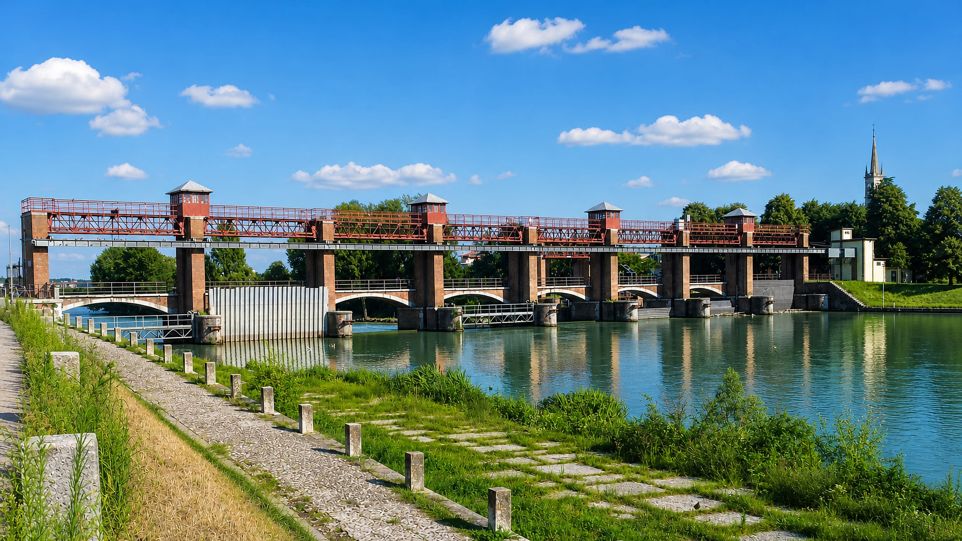 The Chievo weir and its red steel gantry span the Adige river at Chievo on the western edge of Verona.