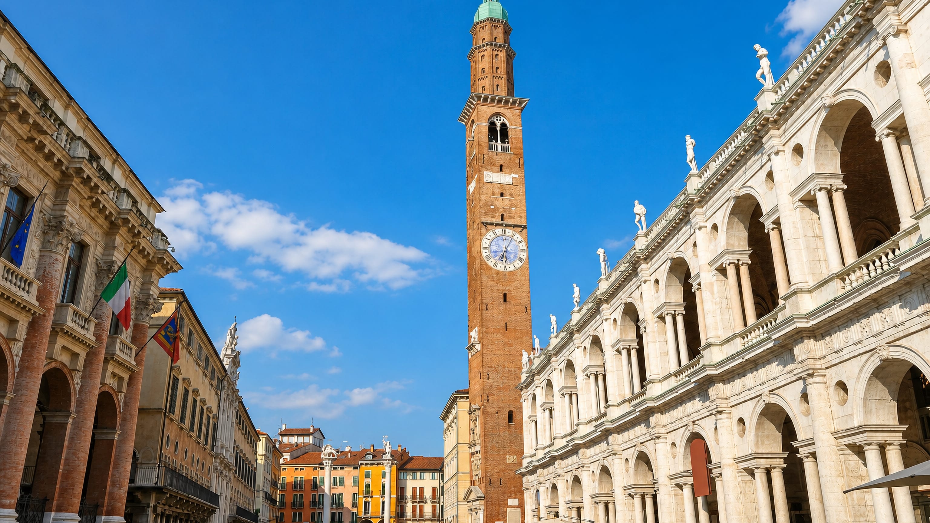 Piazza dei Signori in Vicenza with the Torre Bissara clock tower and Palladio's Basilica Palladiana.