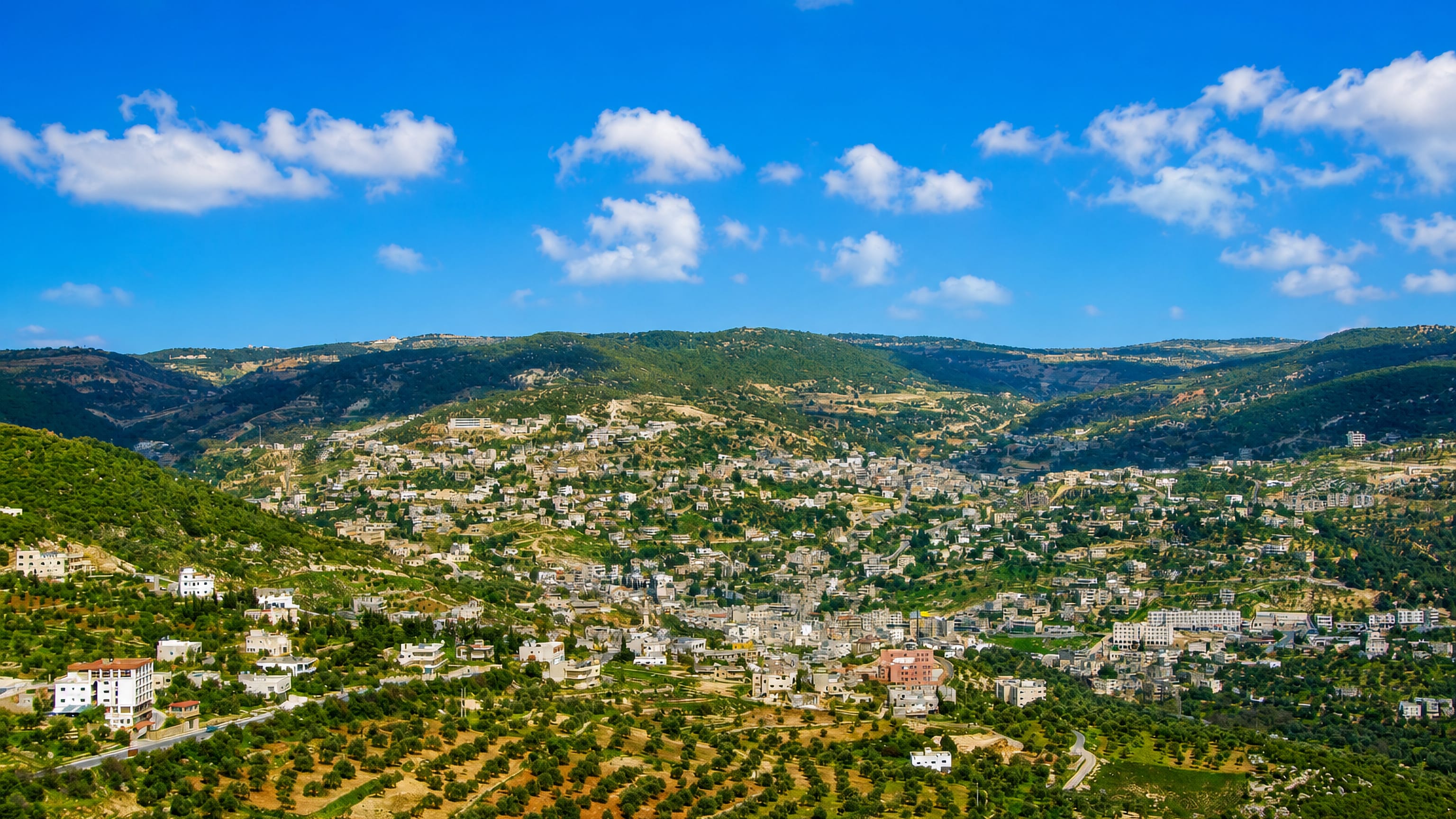 Whitewashed houses spread over olive-covered hillsides at ‘Ajlūn in northern Jordan.