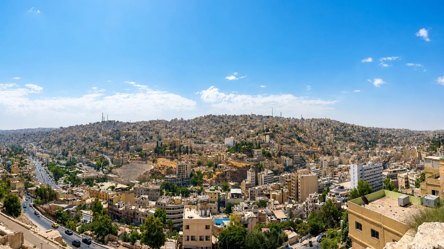 Panorama of Amman's pale stone buildings covering the hills with the ancient Roman Theatre visible below.