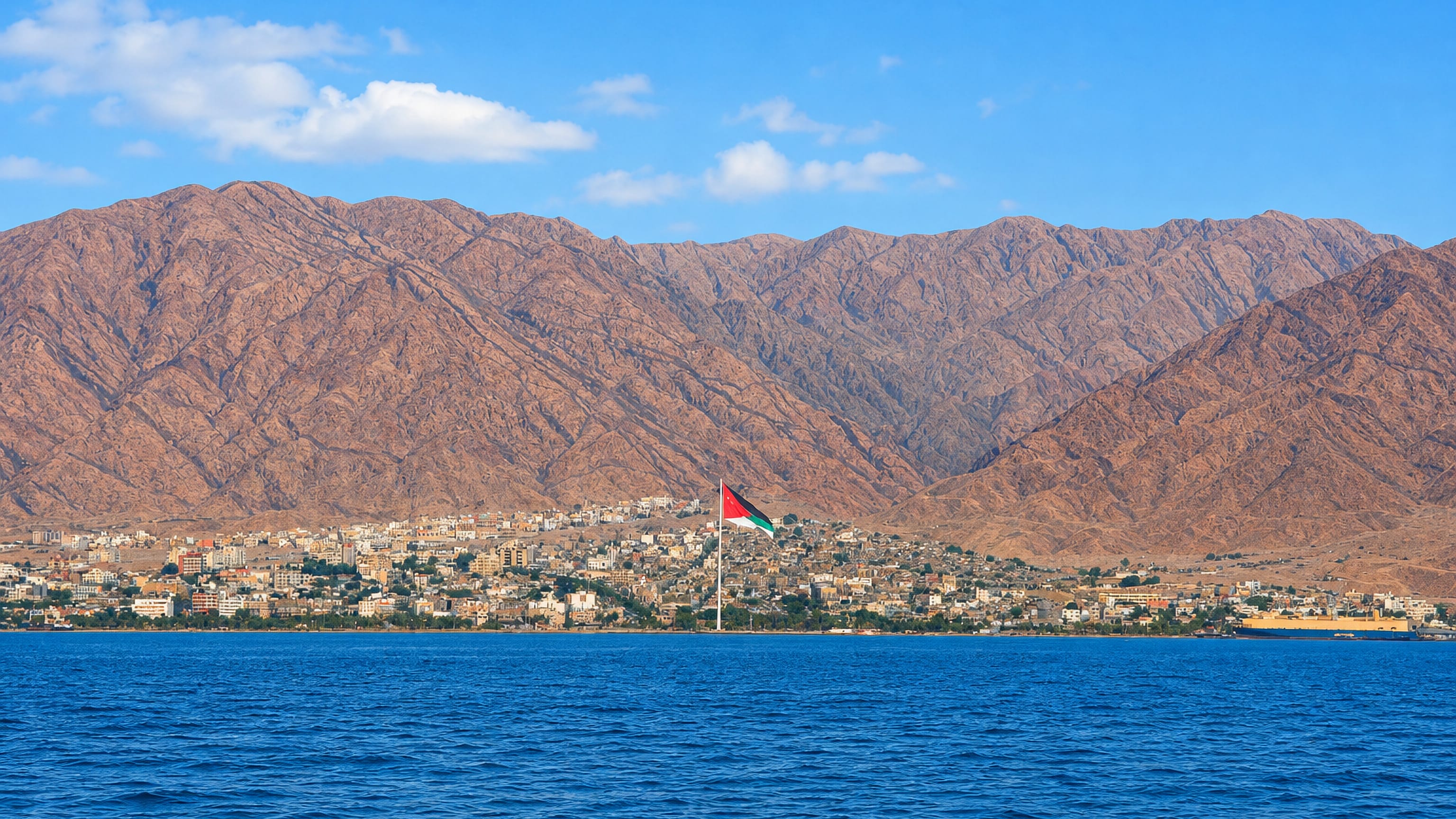 Aqaba, Jordan, on the Red Sea with the giant Aqaba flagpole and city below rugged brown mountains.