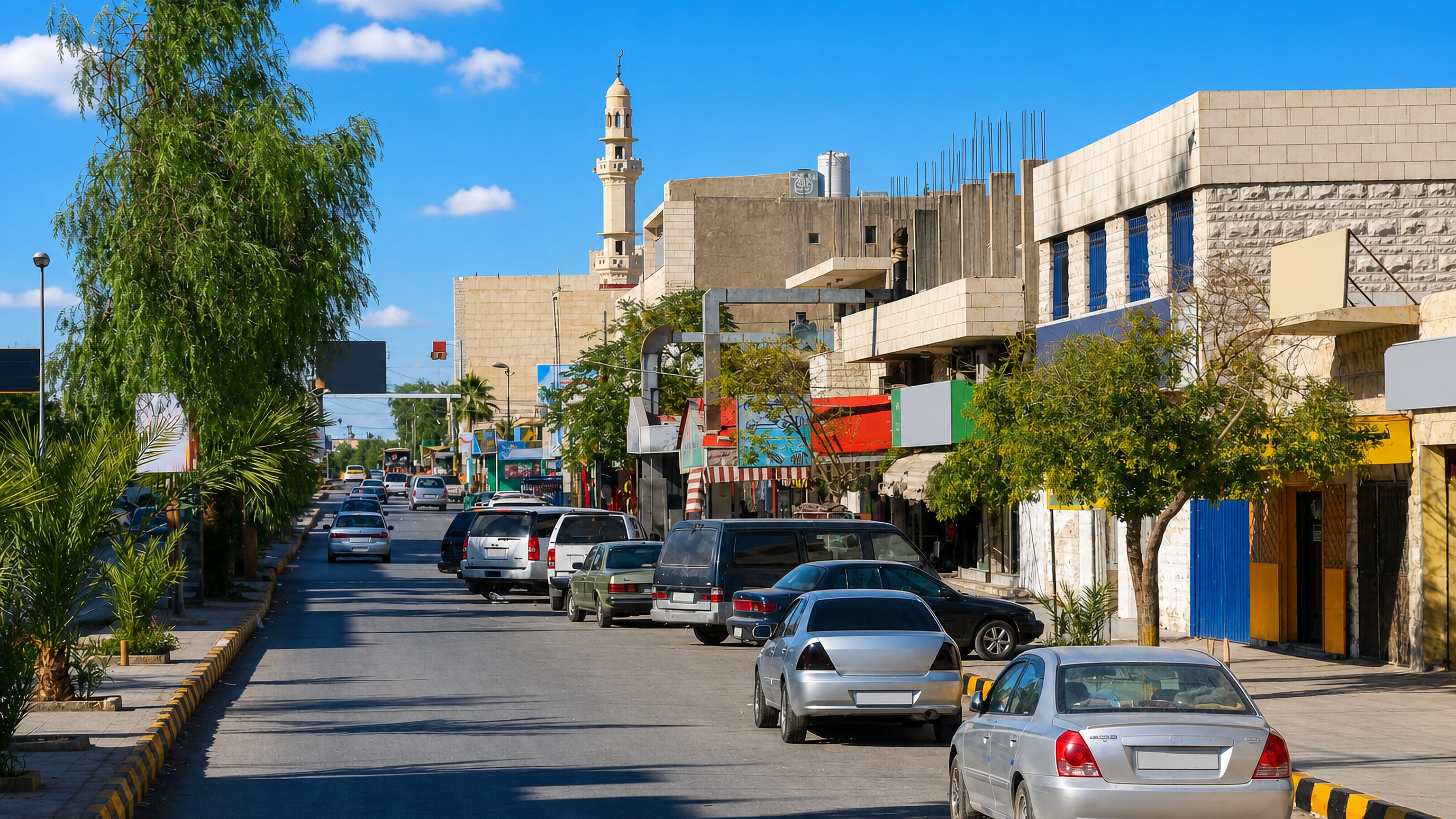 Cars parked along a sunlit main street of stone shopfronts below a minaret in Ma'an, Jordan