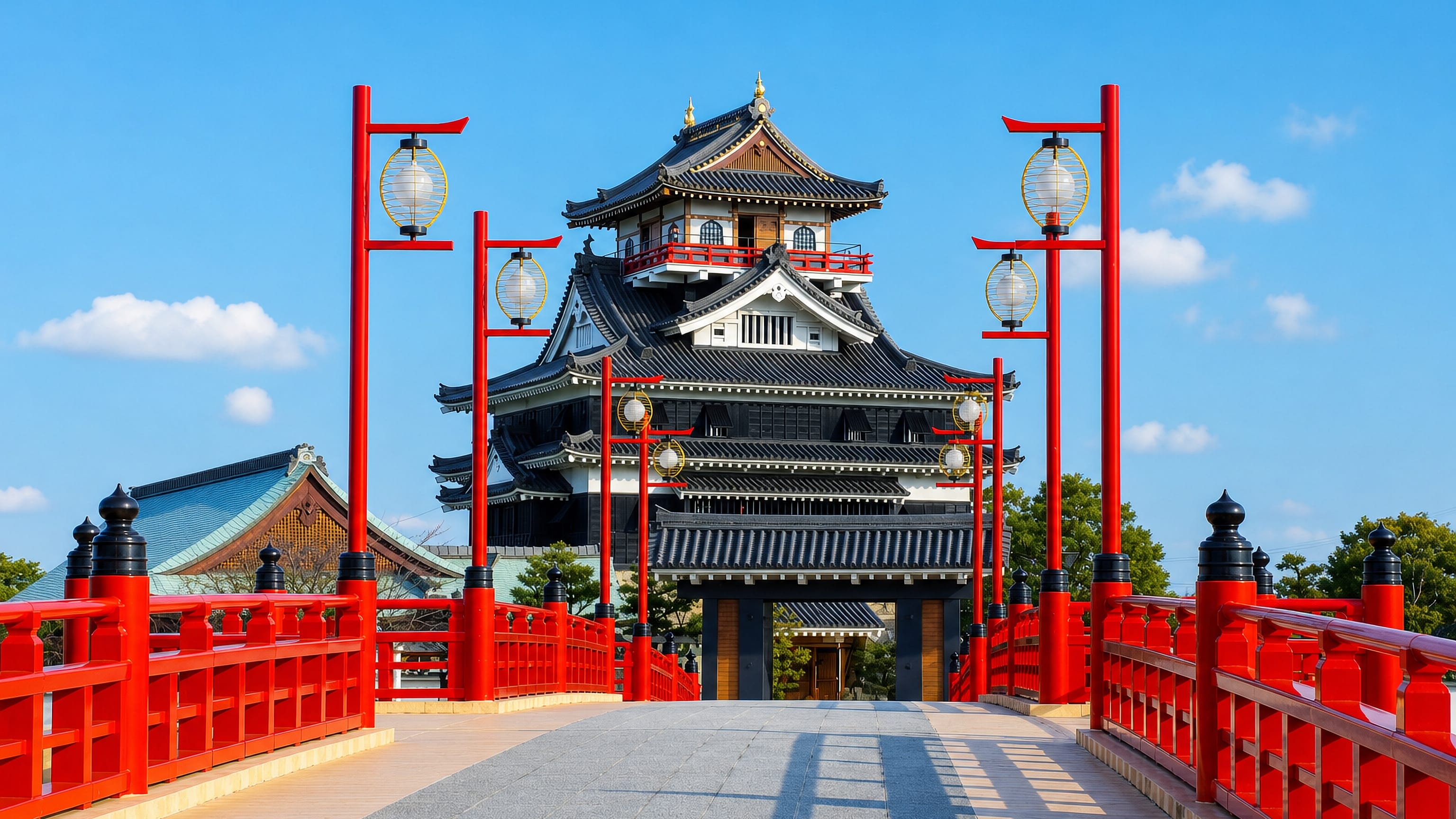 Kiyosu Castle's white and black keep rising beyond the red Ote Bridge on a clear day in Kiyosu, Japan.