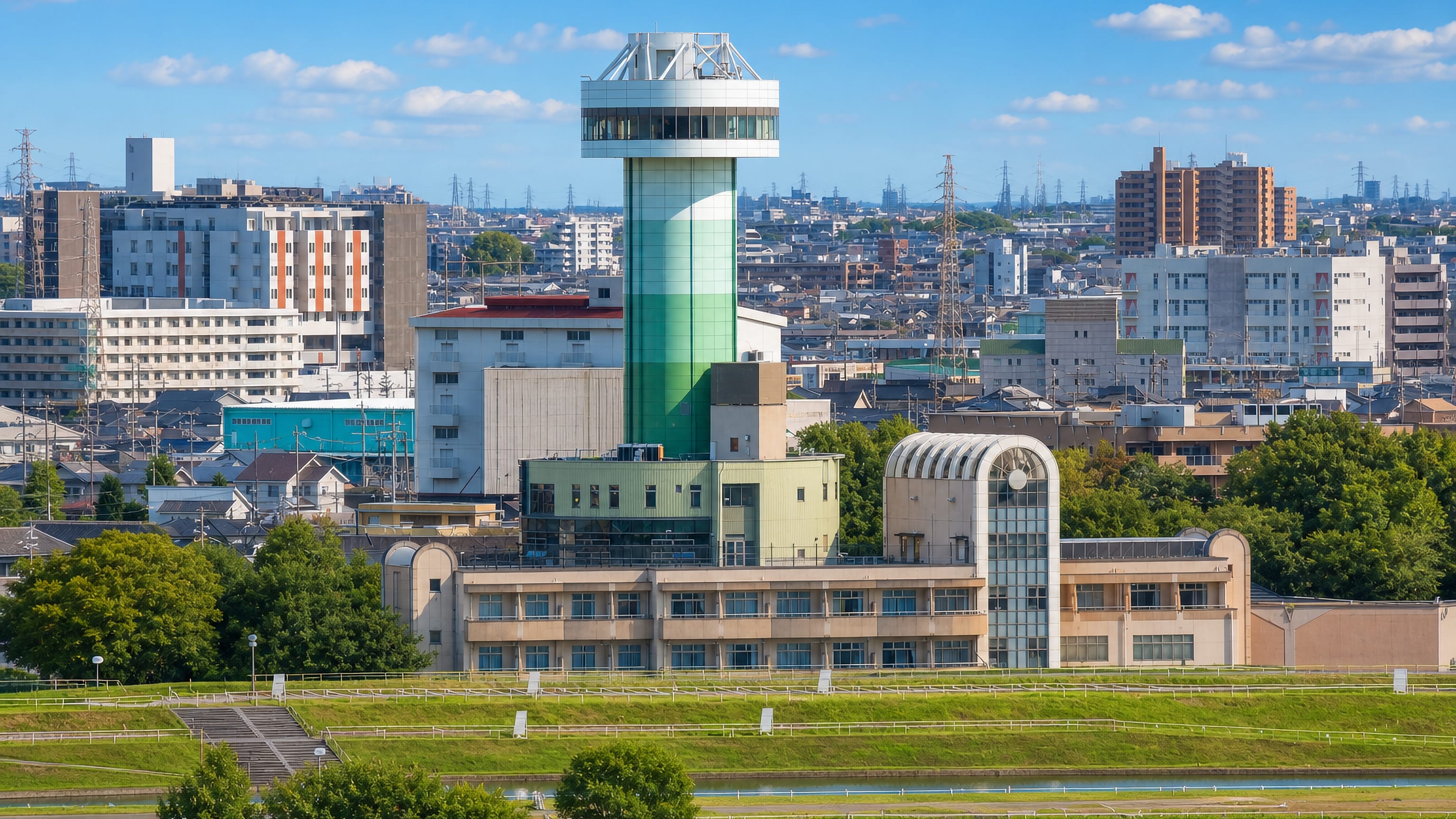 Green-and-white observation tower above the low-rise cityscape and riverside greenery of Konan, Aichi.