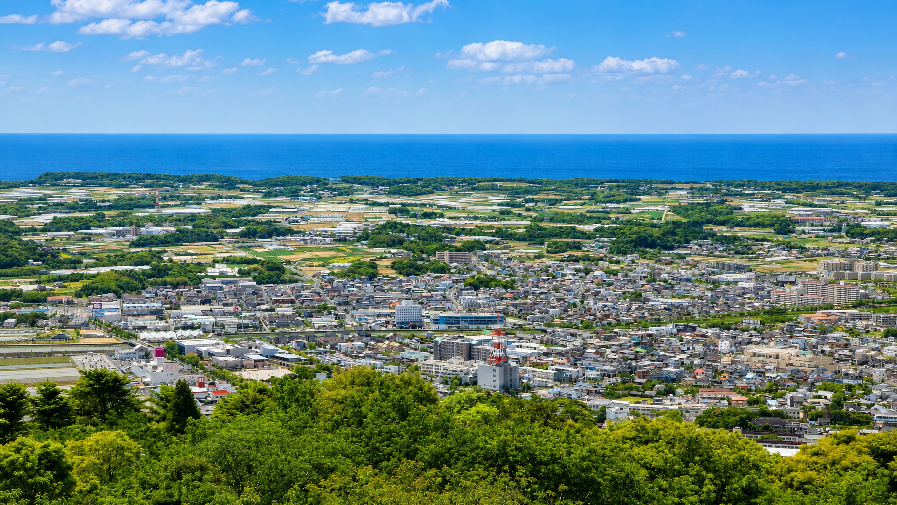 Hilltop view over Tahara, Japan, with greenhouse farmland stretching down to the Pacific coast.
