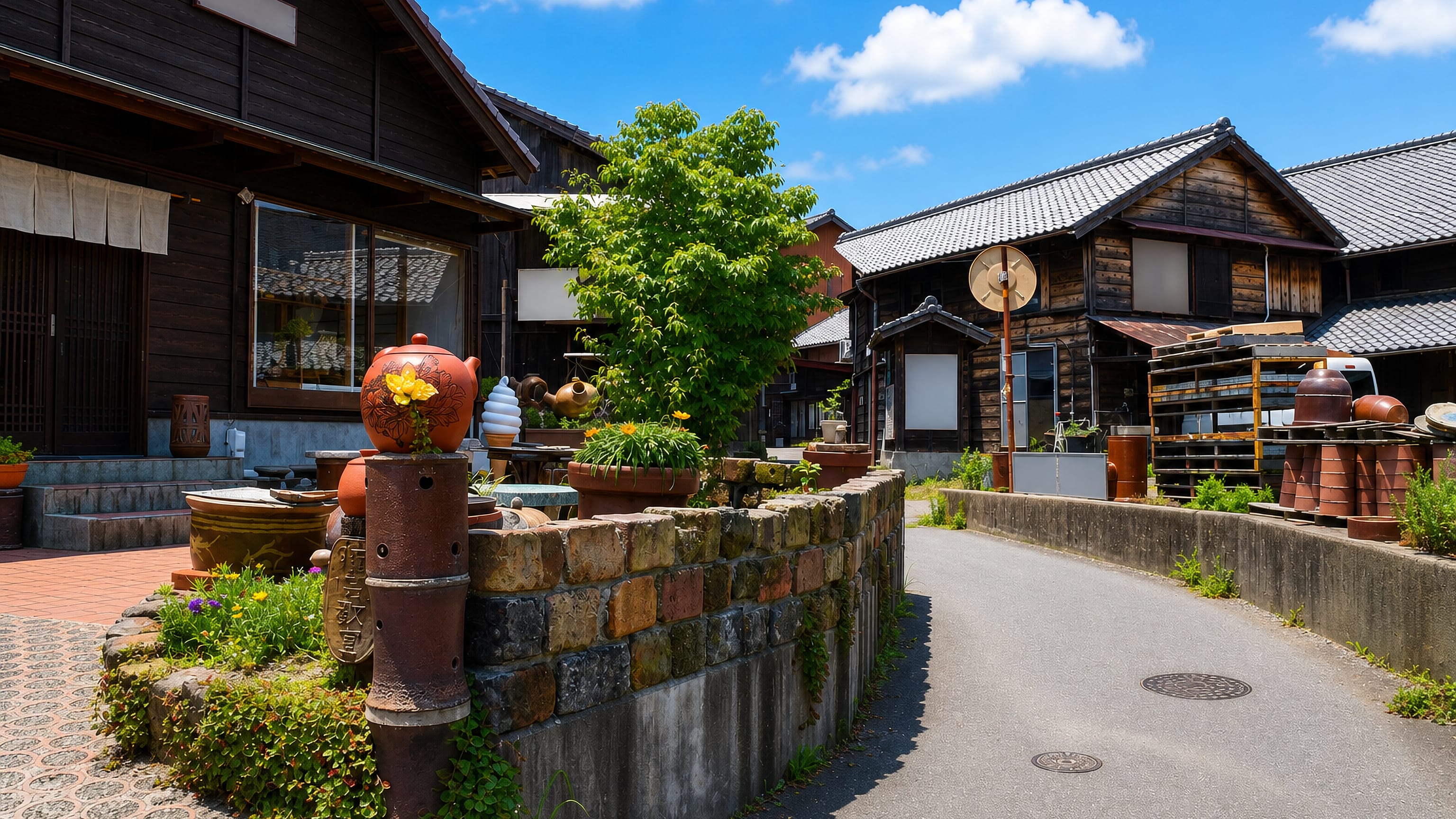 Kilns, stacked clay pipes and giant ceramic teapots lining the Pottery Footpath in Tokoname, Aichi