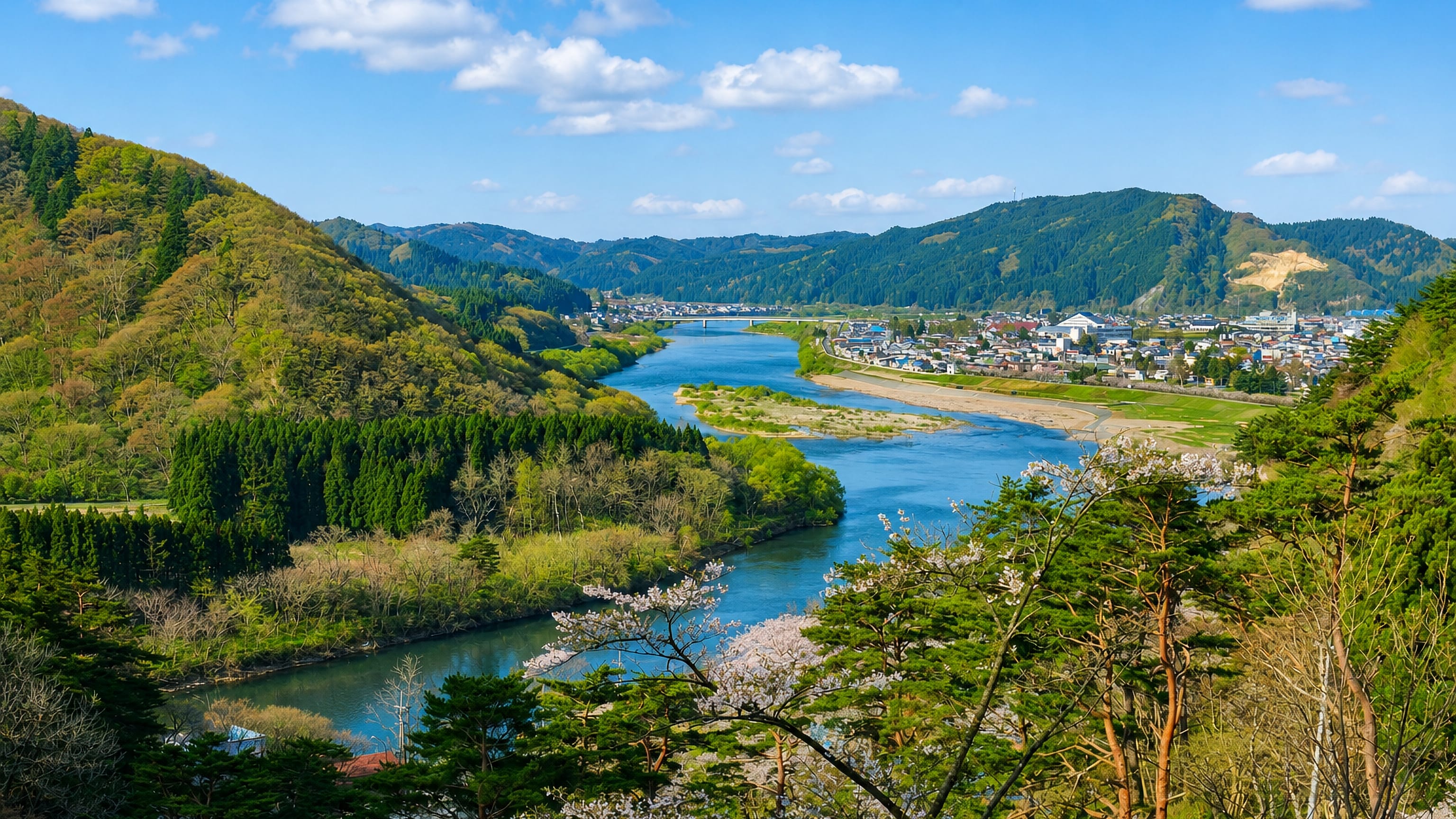 Forested hills and cherry blossom frame a wide river valley with Noshiro spread along the far bank, Akita, Japan.