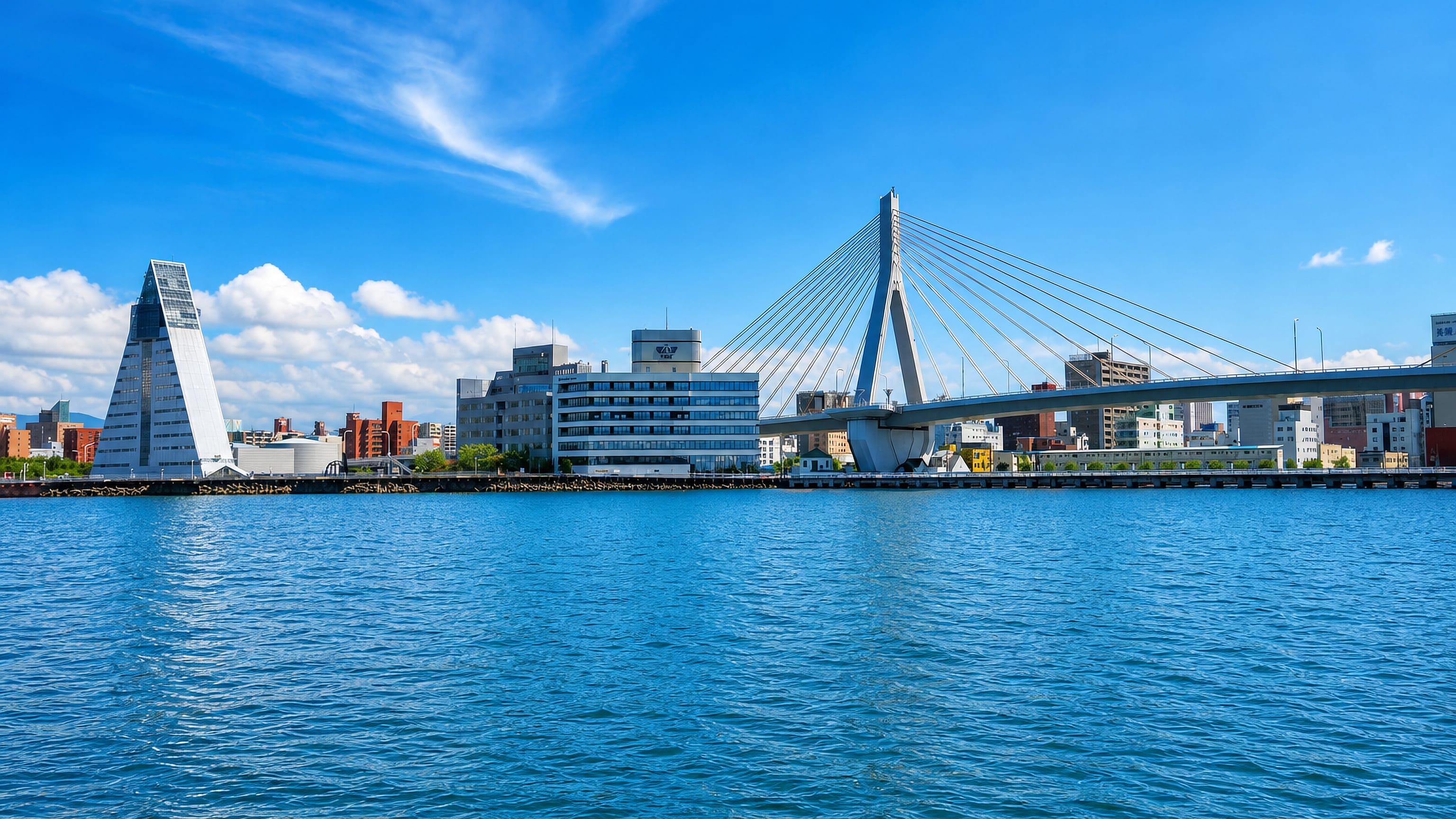 Aomori Bay with the triangular ASPAM tower and the cable-stayed Aomori Bay Bridge along the waterfront