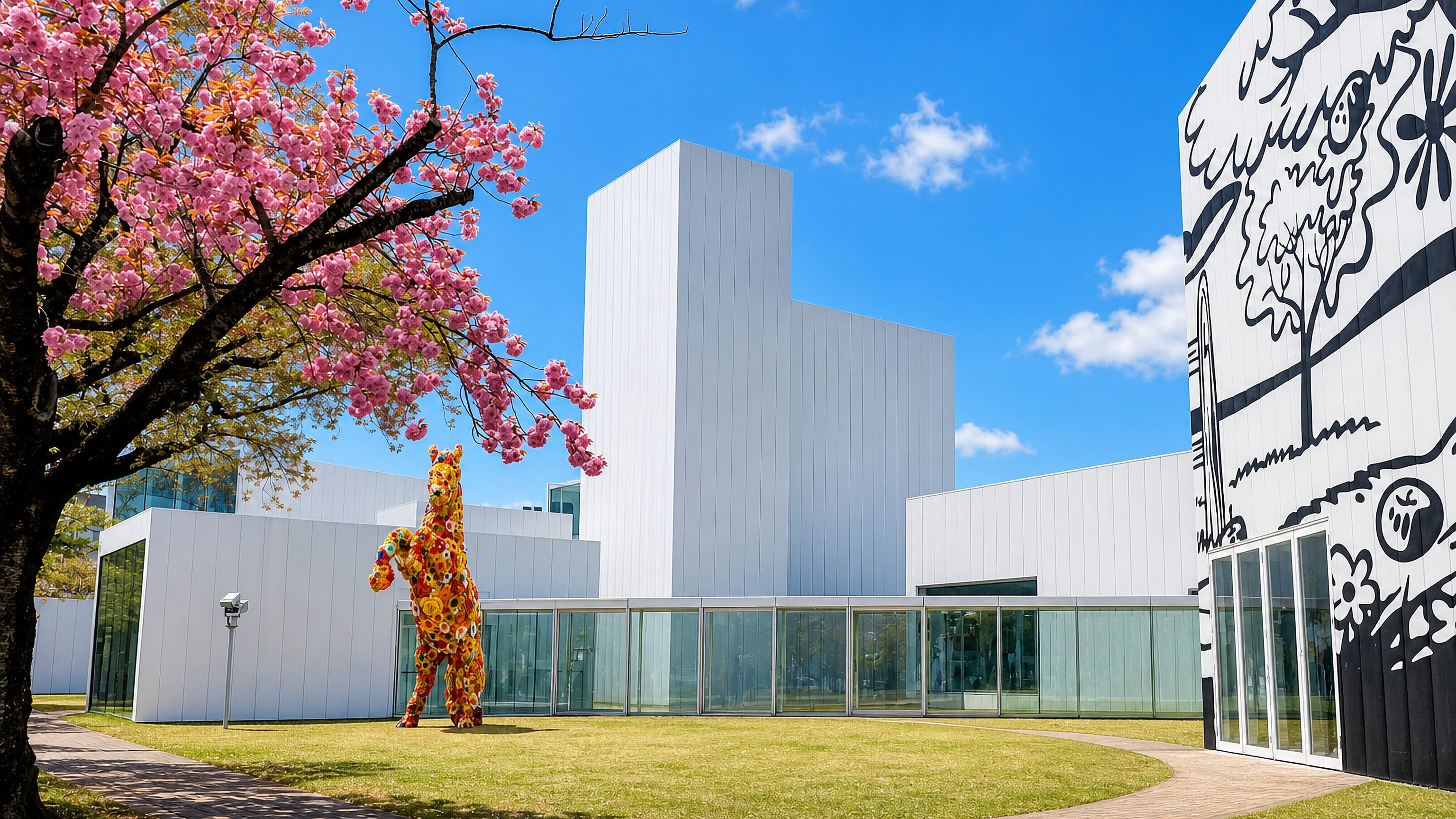 White gallery blocks, a mural facade and a flower-covered horse sculpture at the art centre in Towada, Aomori.