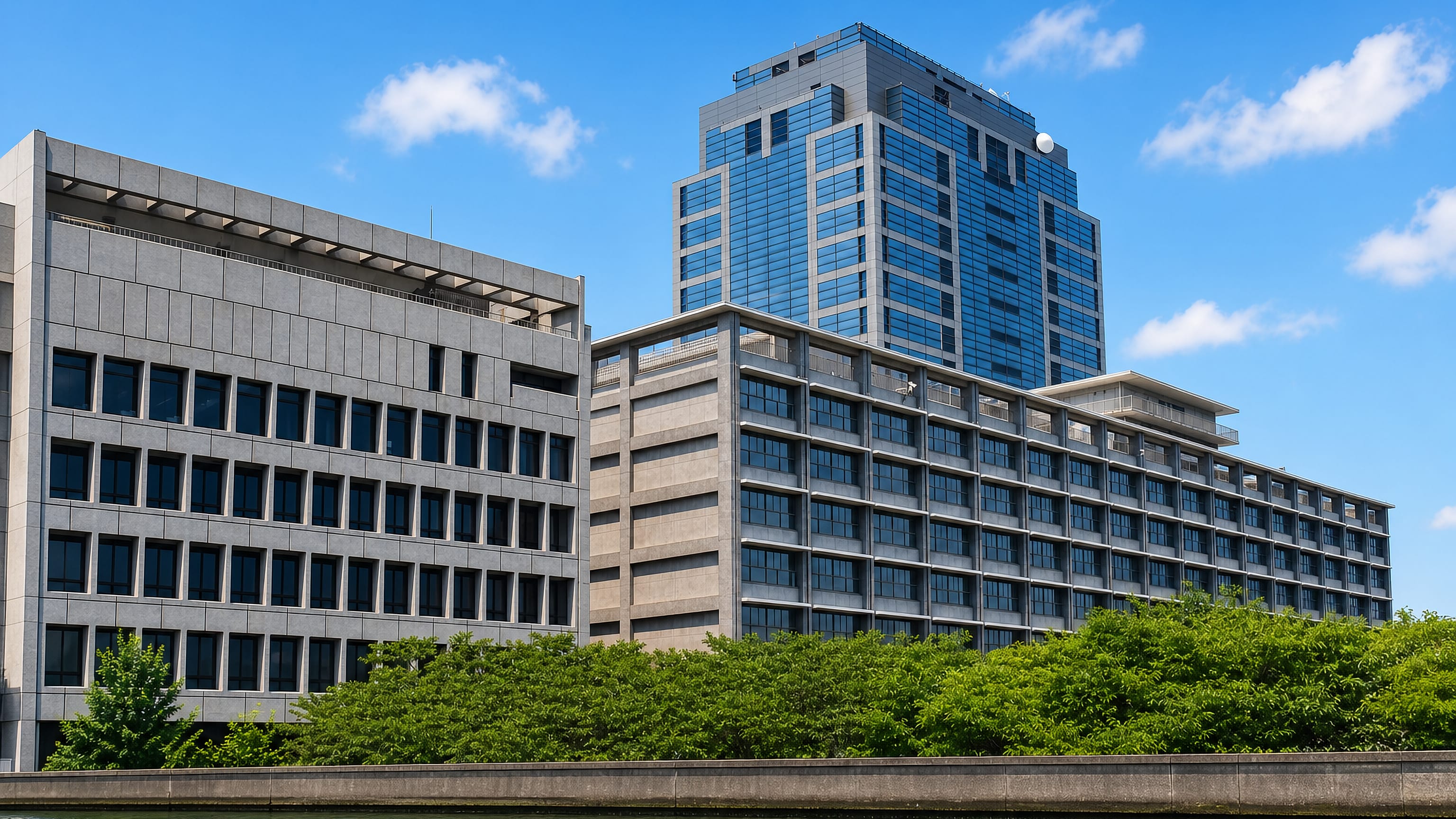 Waterfront government and office blocks in Chuo ward, Chiba, along the river.