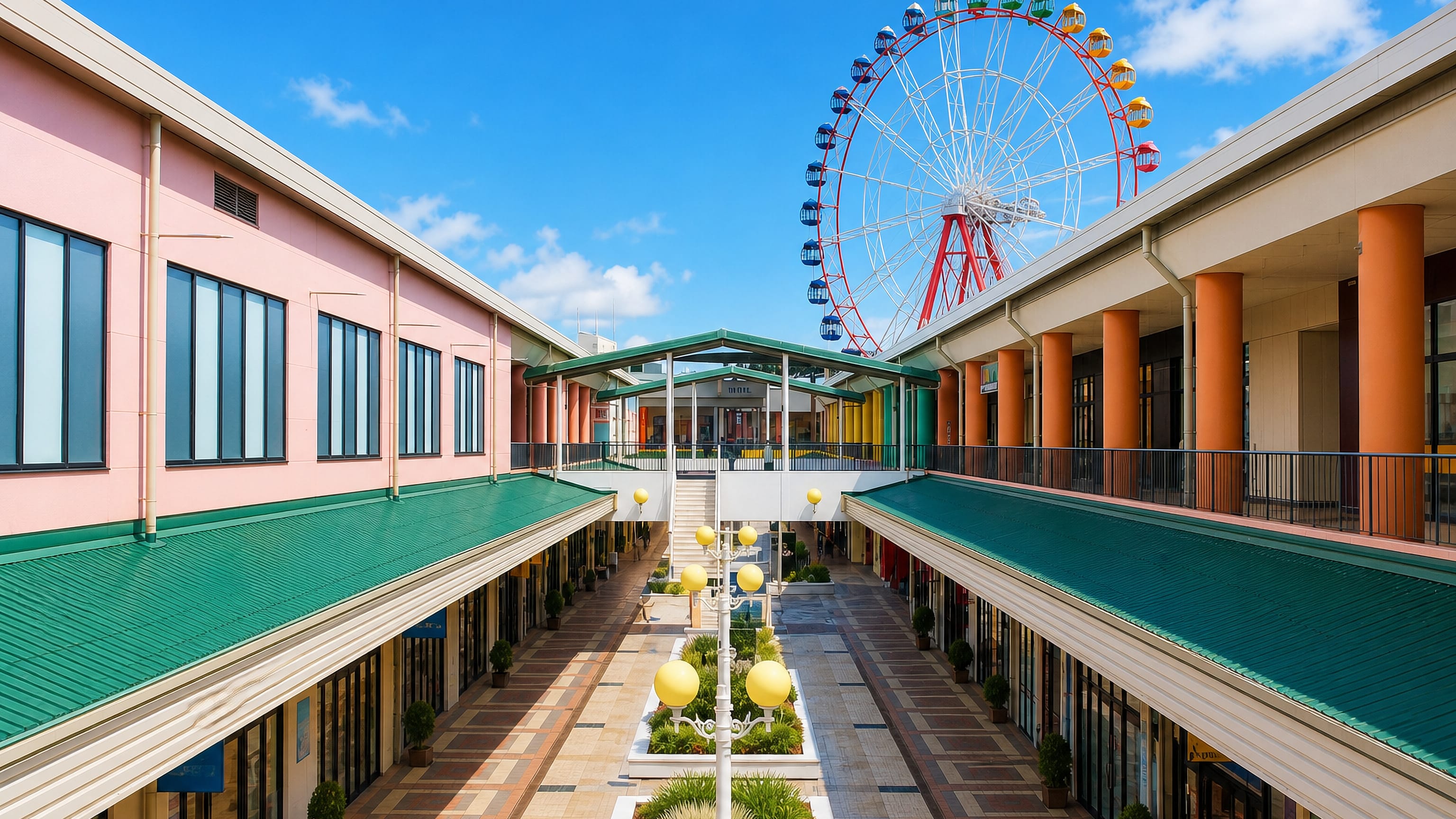 Open-air shopping mall courtyard in Inzai, Chiba, with a colourful Ferris wheel rising behind the shop rows.