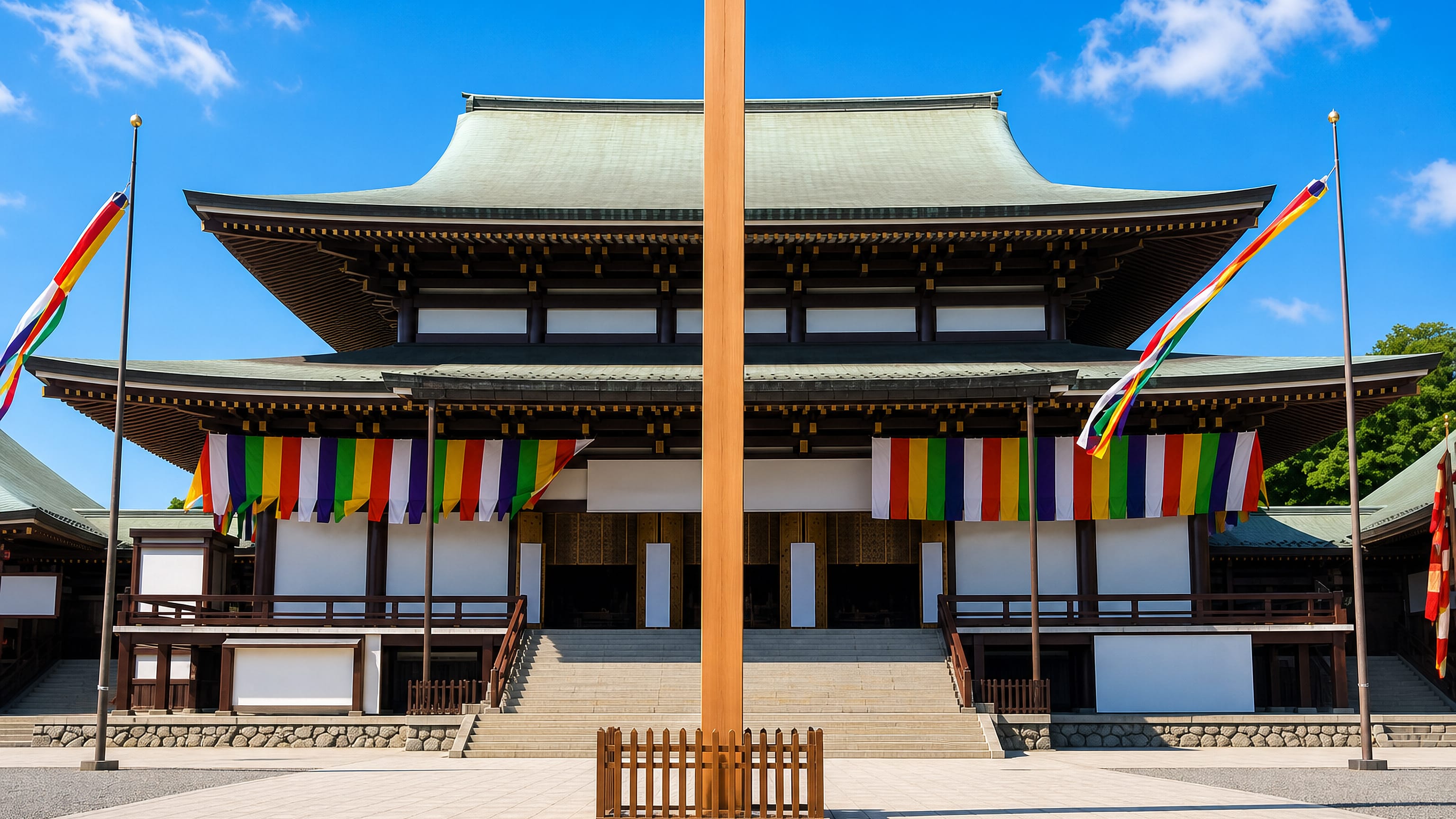 The Great Main Hall of Naritasan Shinshoji temple in Narita, Japan, hung with colourful Buddhist banners.