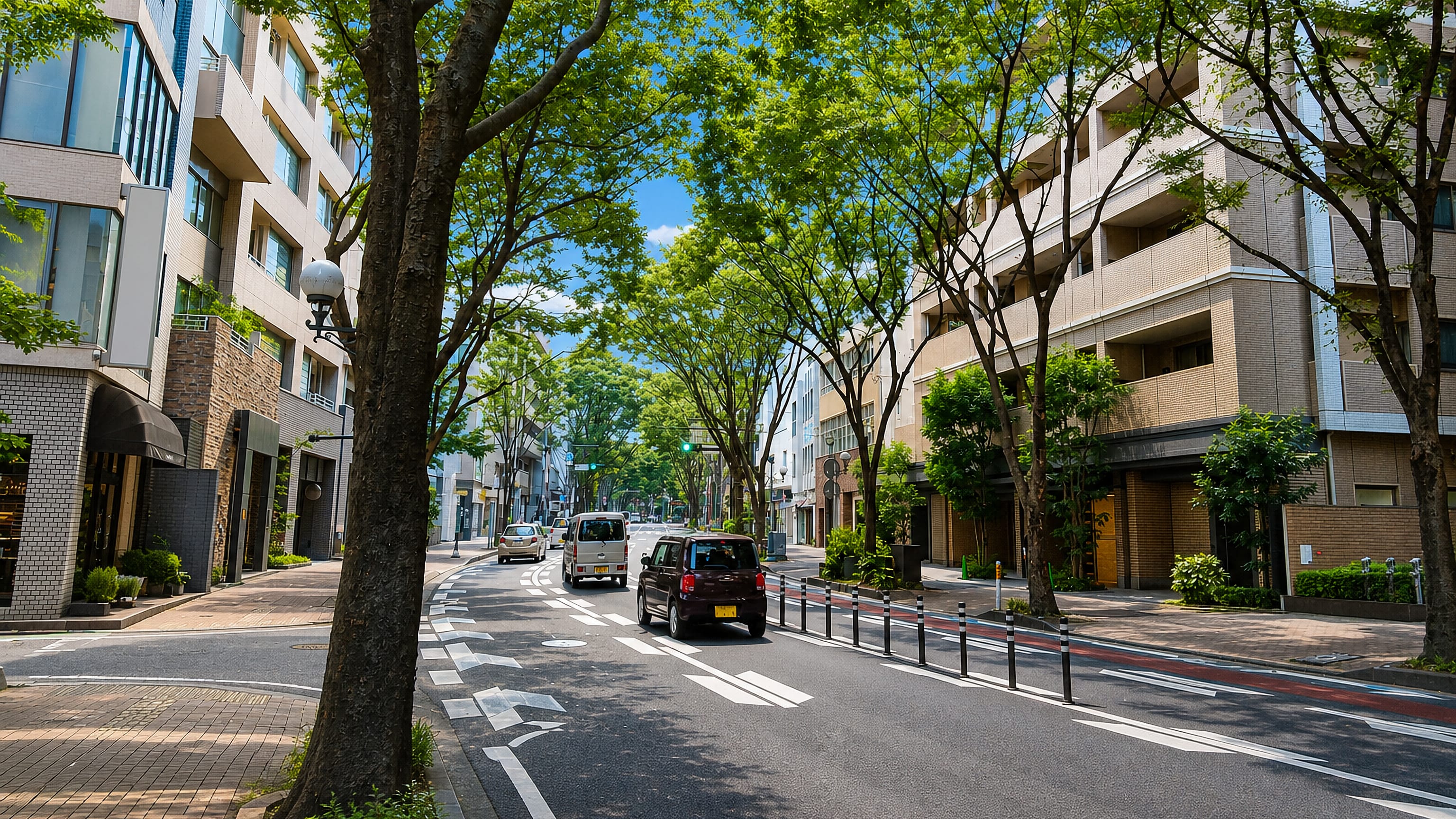 Tree-lined street through Akasaka, Fukuoka, with mid-rise apartments and small cars on a bright summer day.