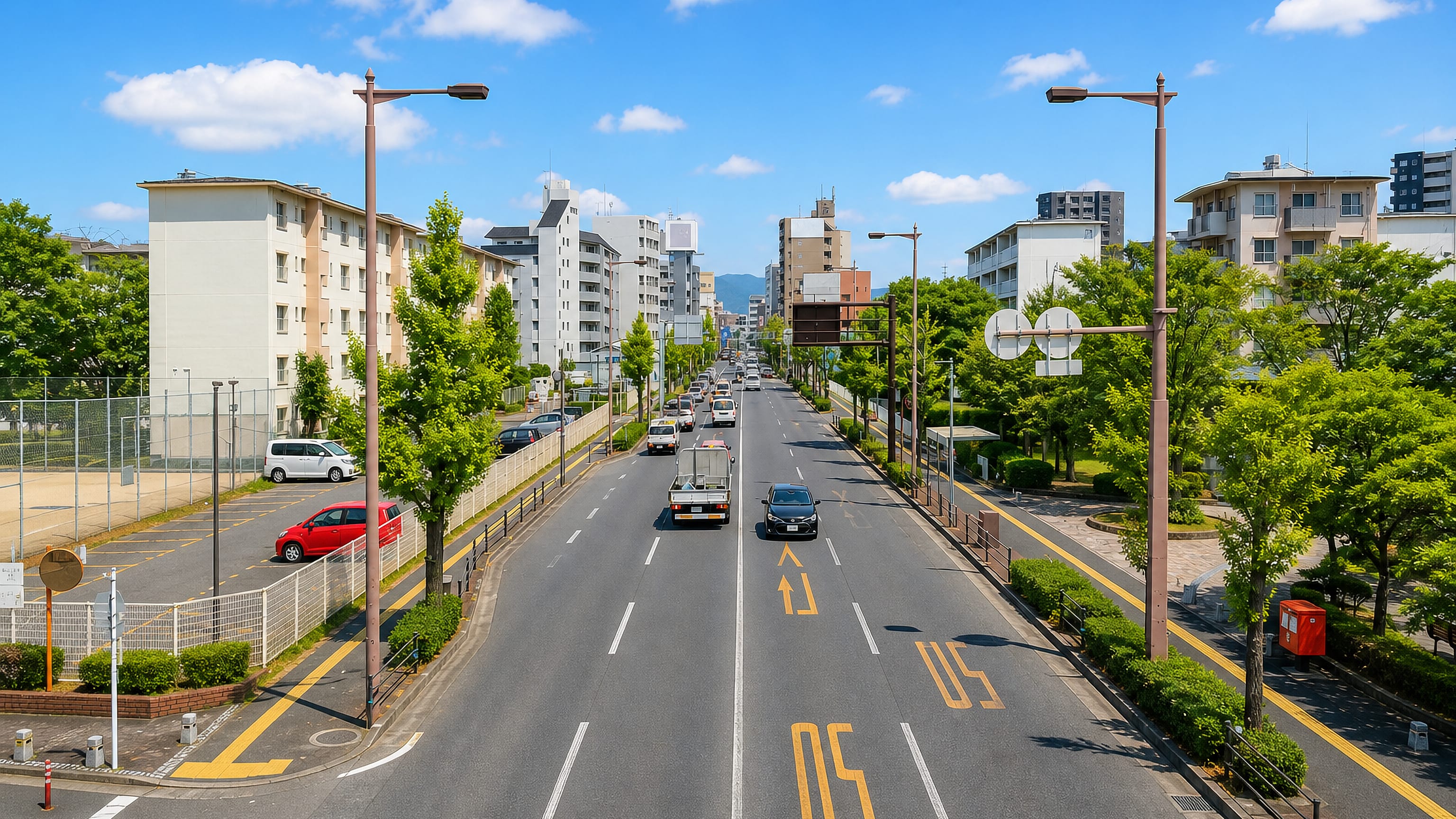 A wide tree-lined avenue lined with apartment blocks in Arae, Fukuoka, with hills on the horizon.