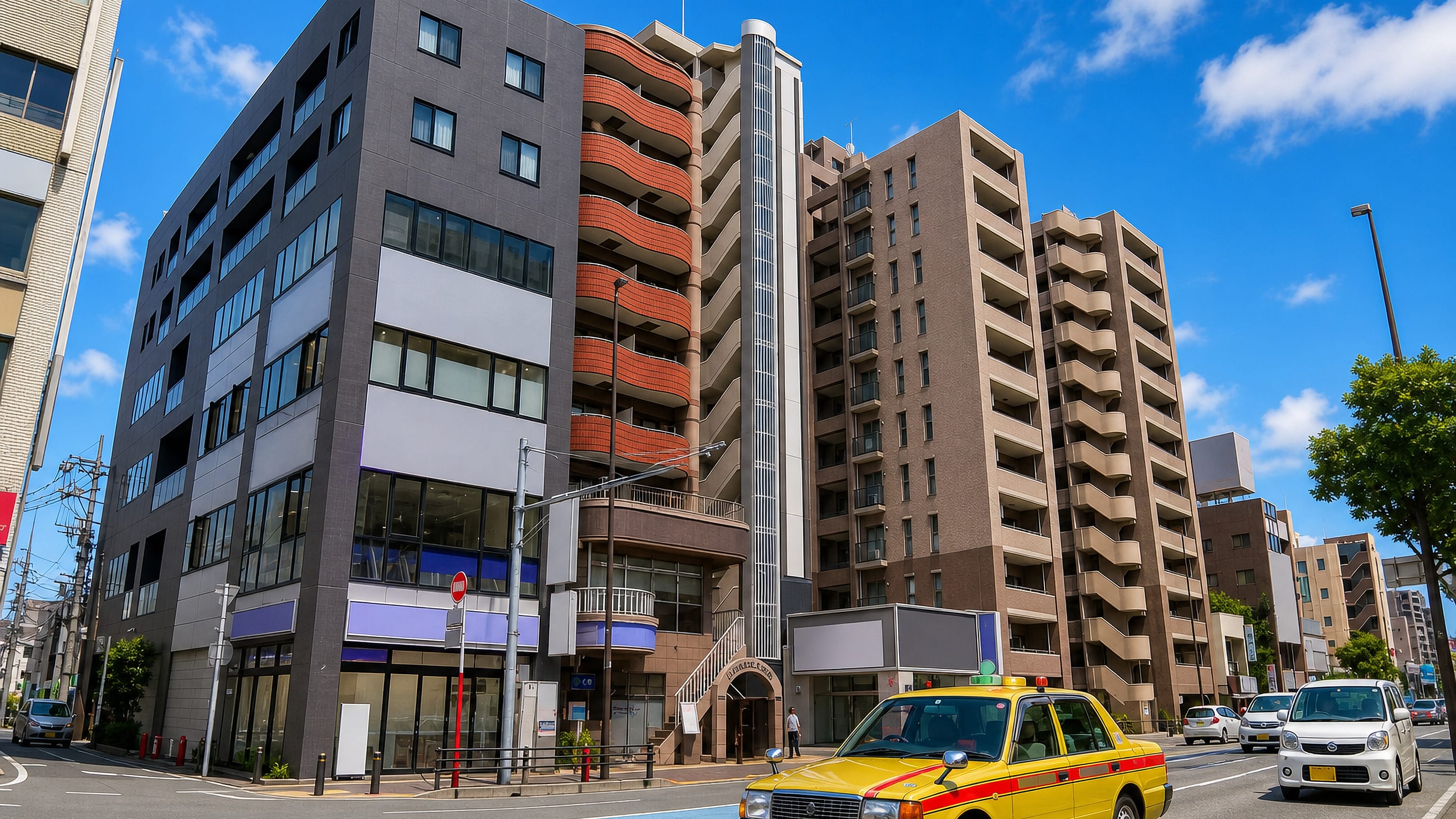 Mid-rise apartment blocks and a yellow taxi at a sunlit crossroads in Fujisaki, Fukuoka.
