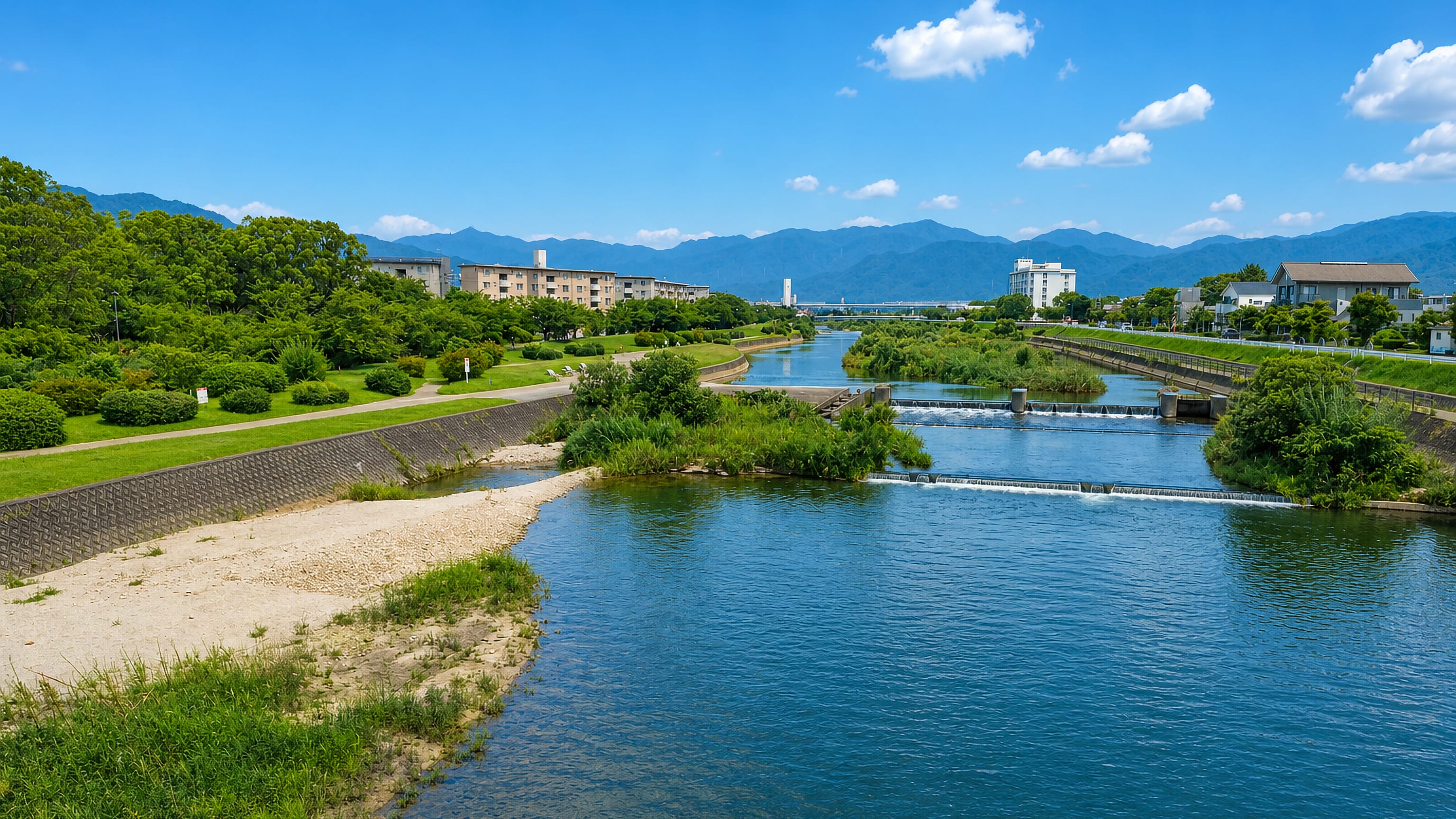 River weirs and grassy embankments below apartment blocks and distant mountains at Fukushige, Fukuoka