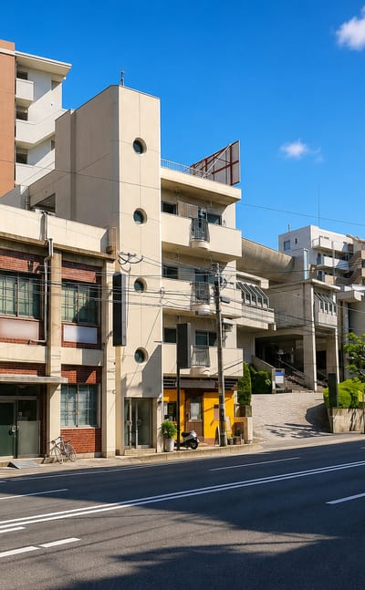 Mid-rise apartment buildings and a corner shopfront on a quiet street in Furukogarasumachi, Fukuoka.