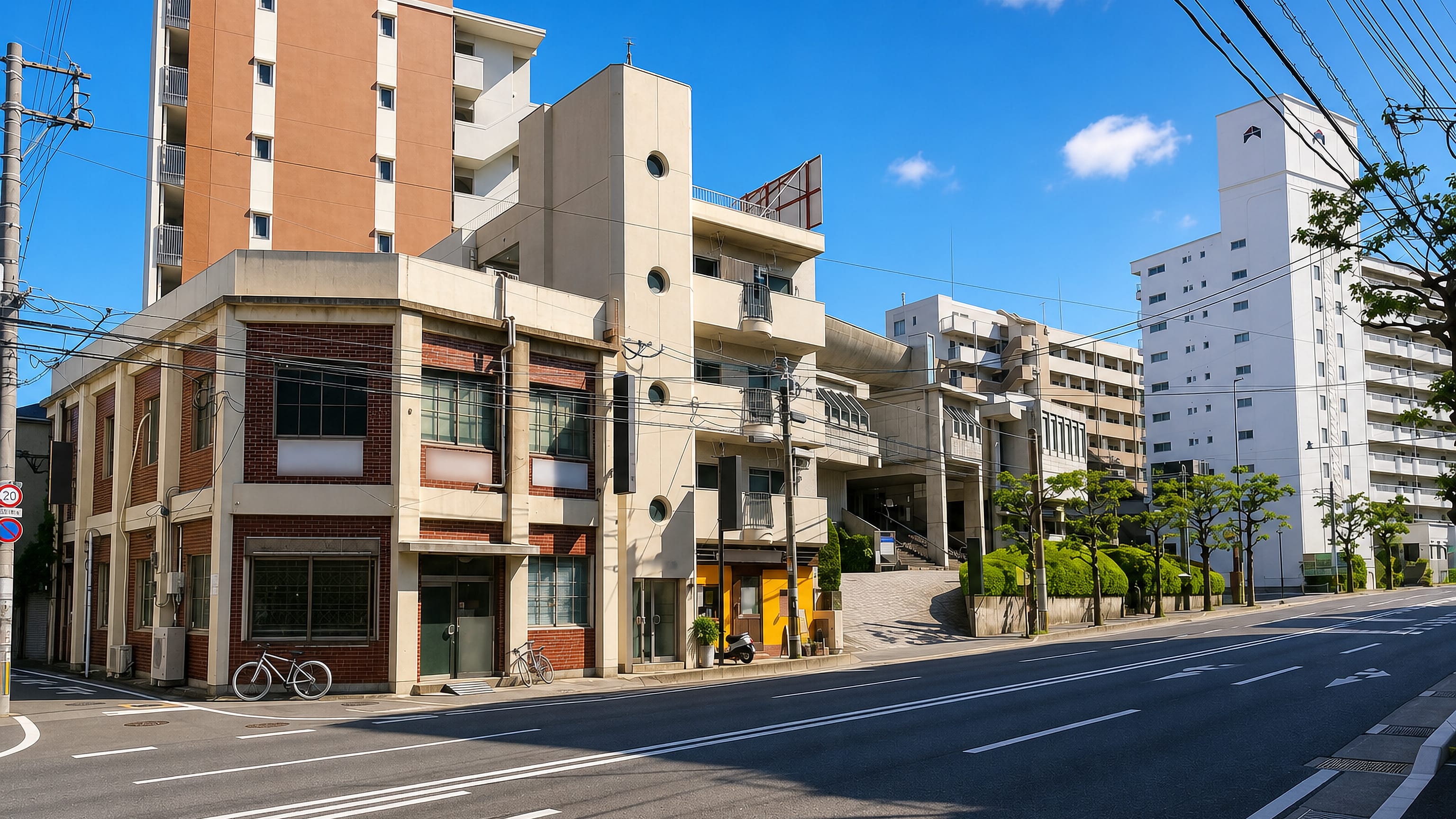 Mid-rise apartment buildings and a corner shopfront on a quiet street in Furukogarasumachi, Fukuoka.