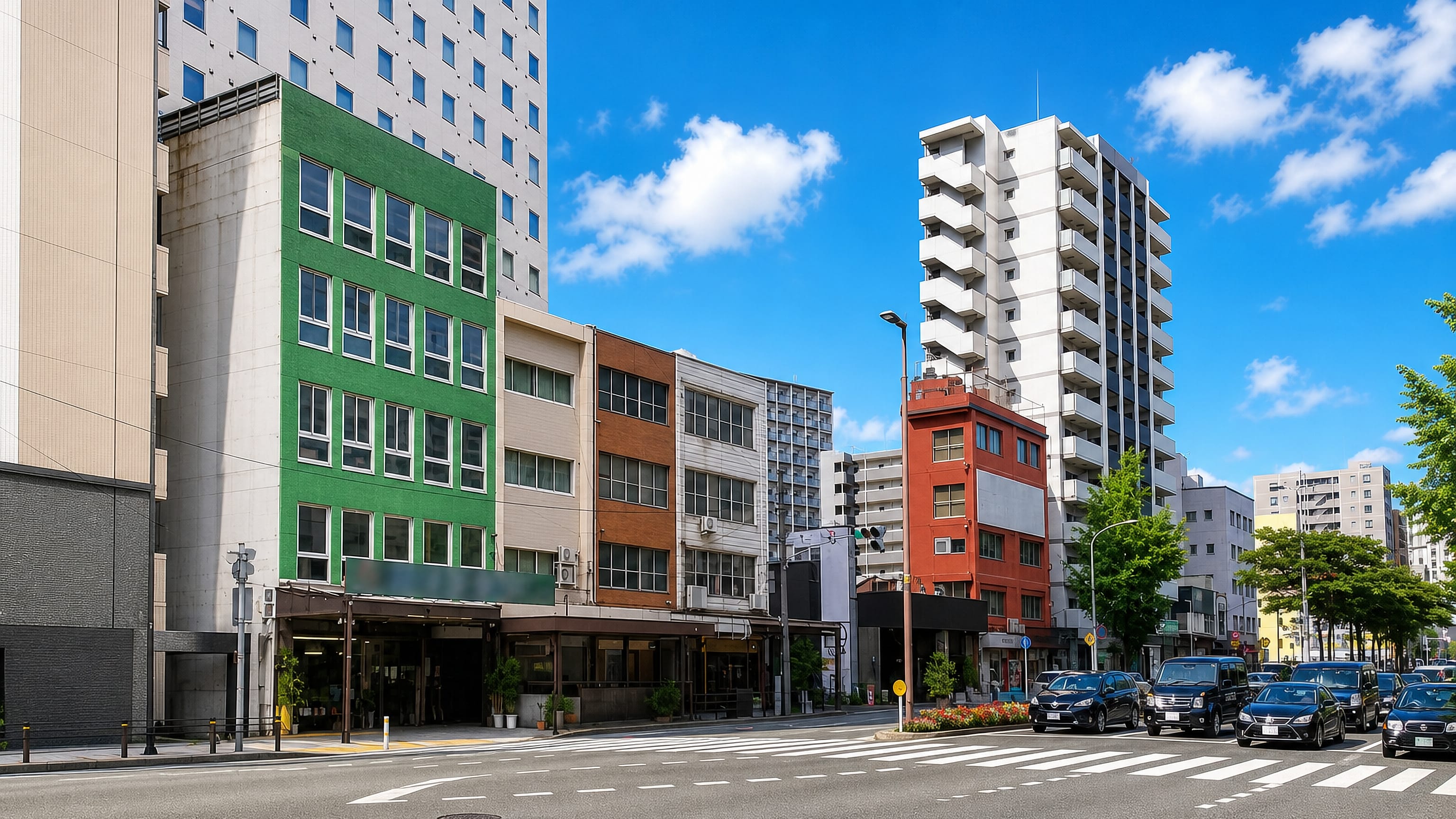 Mid-rise offices and apartment towers along a broad crosswalk-crossed street in Haruyoshi, Fukuoka.