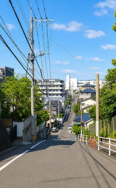 Sloping residential street with apartment blocks and a wooded hillside in Heiwa, Chūō-ku, Fukuoka.
