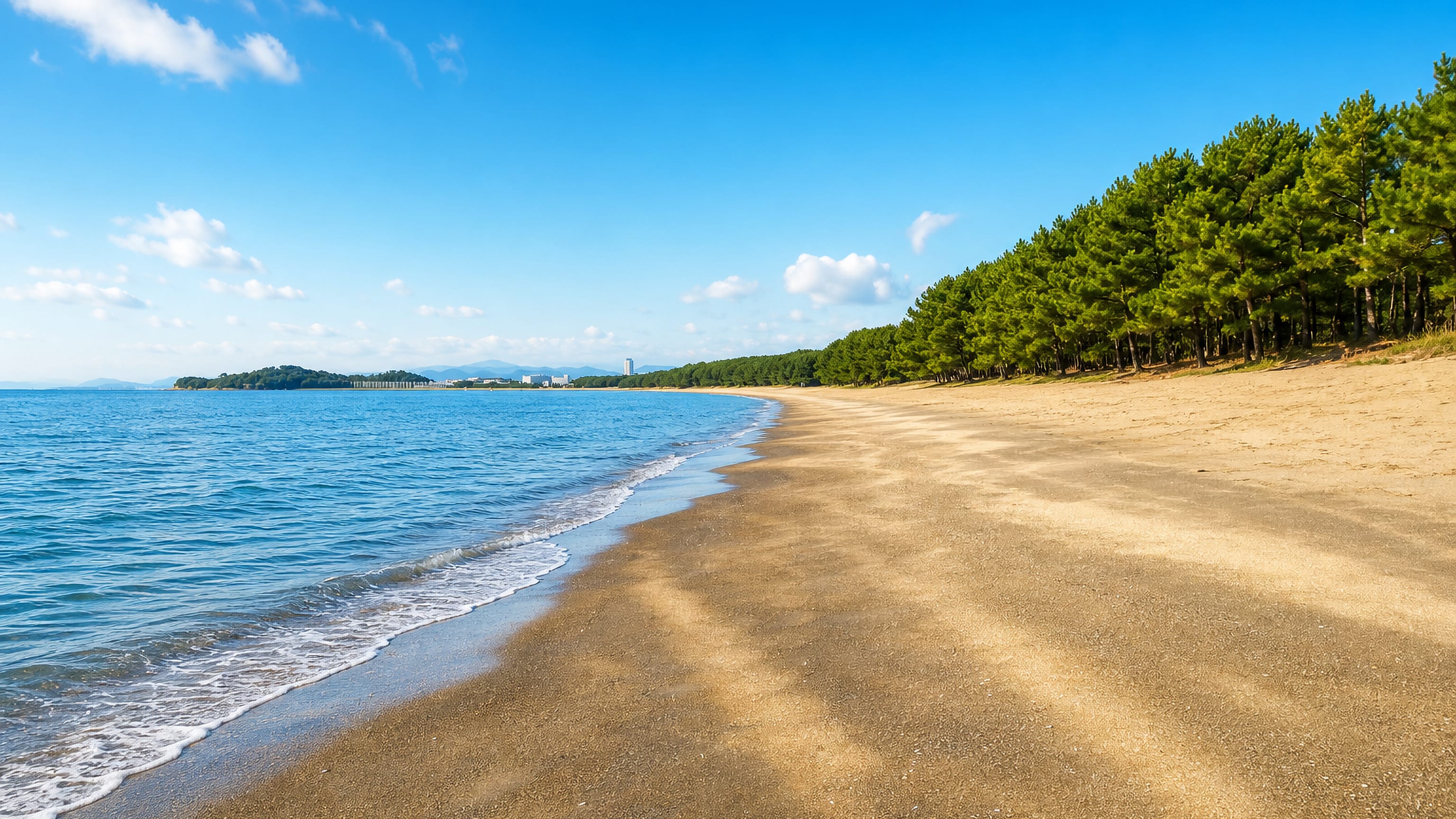 The pine grove of Ikinomatsubara meeting the sandy beach and blue sea on Fukuoka's Genkai coast.