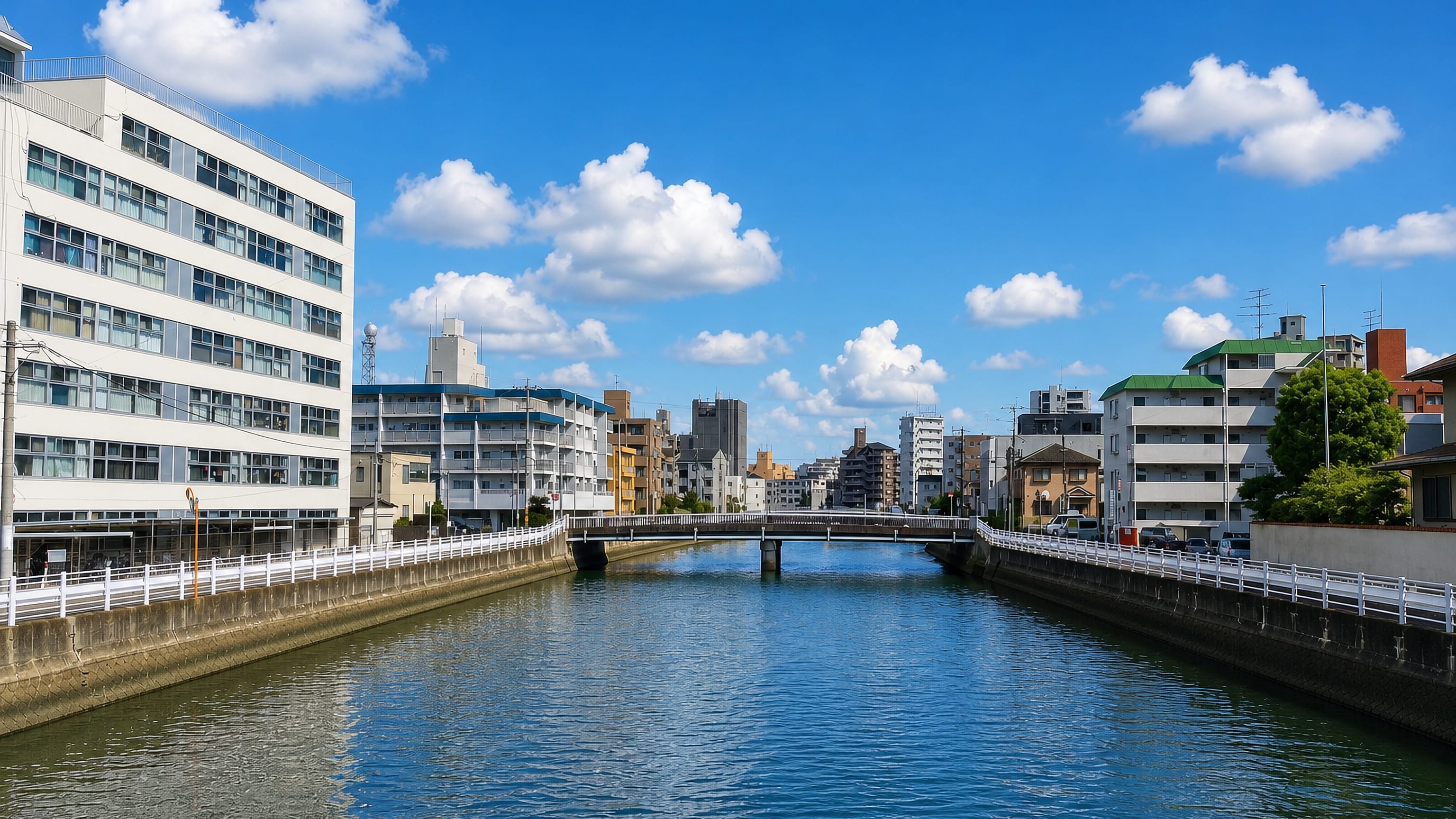 Canal lined with apartment blocks and a low road bridge in Imagawa, Fukuoka