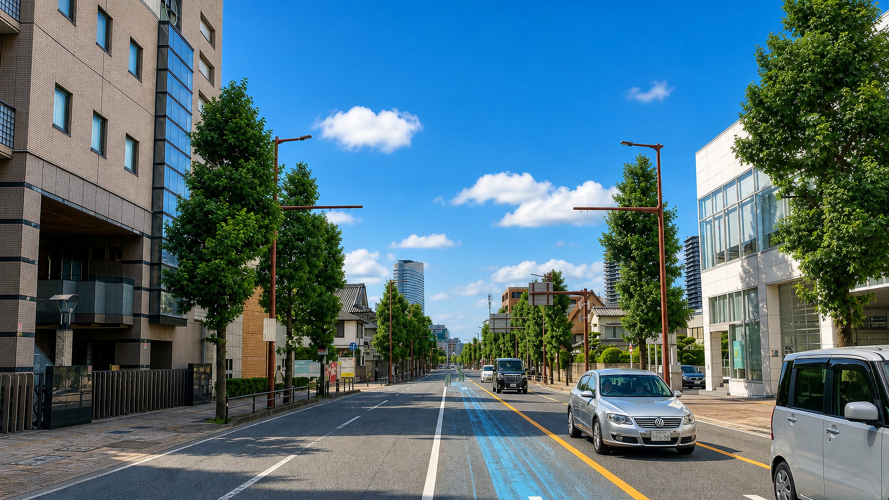Tree-lined boulevard with a blue cycle lane running through Jigyo in central Fukuoka.