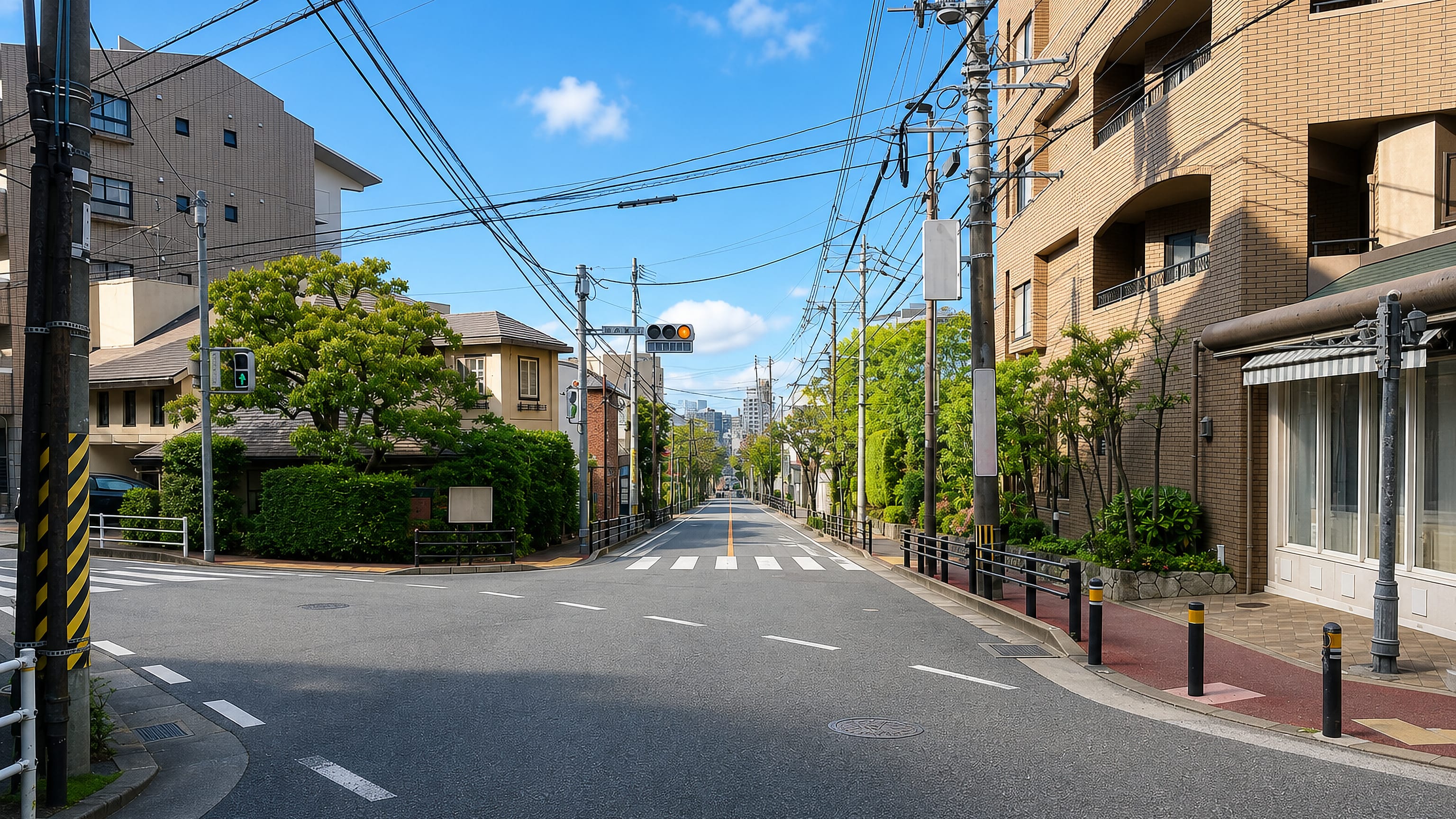 Quiet residential street with overhead wires and low-rise apartments along Jōsui-dōri in Fukuoka.