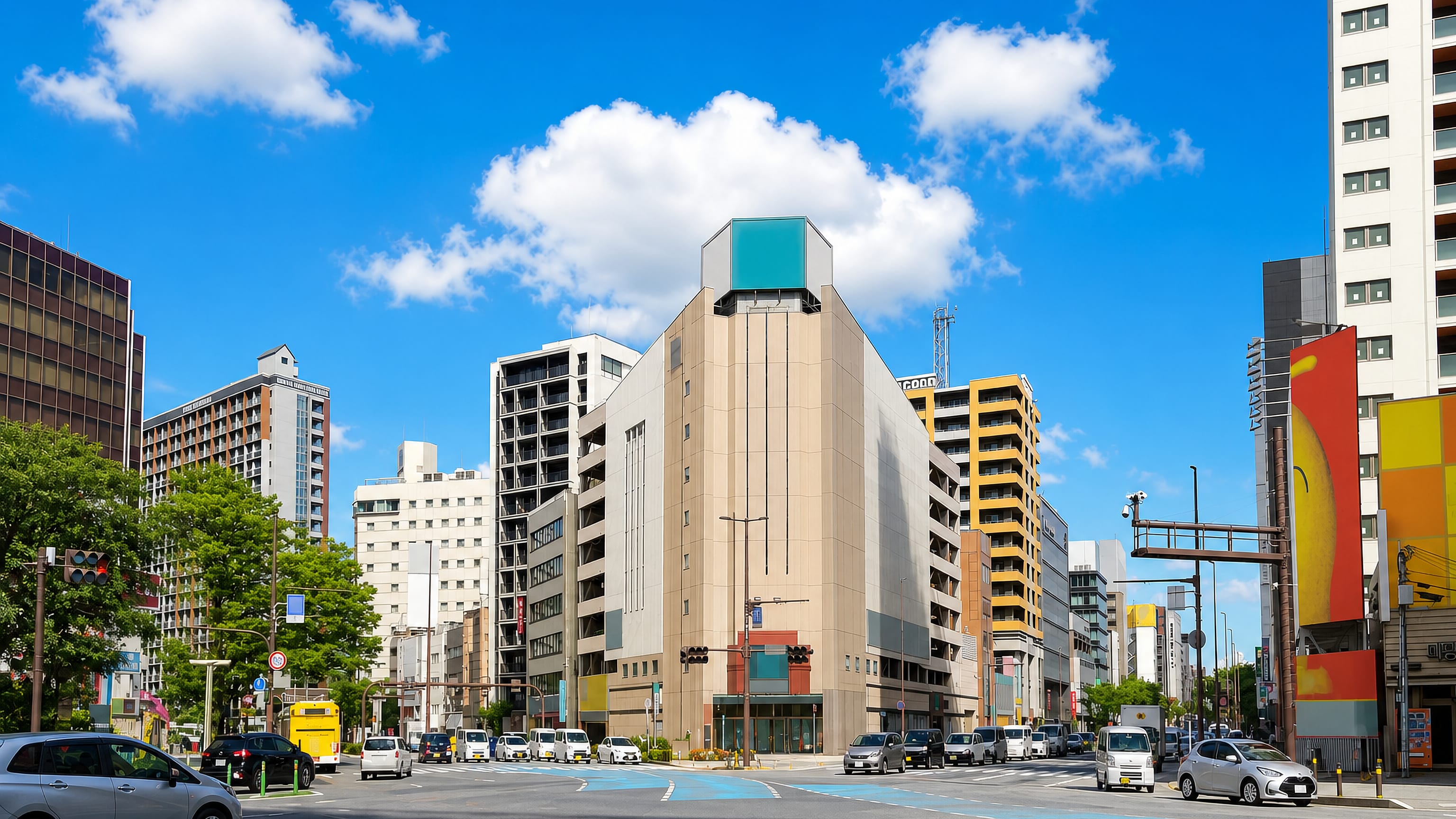 Wide daytime street crossing in Kiyokawa, Fukuoka, lined with mid-rise blocks and light traffic.