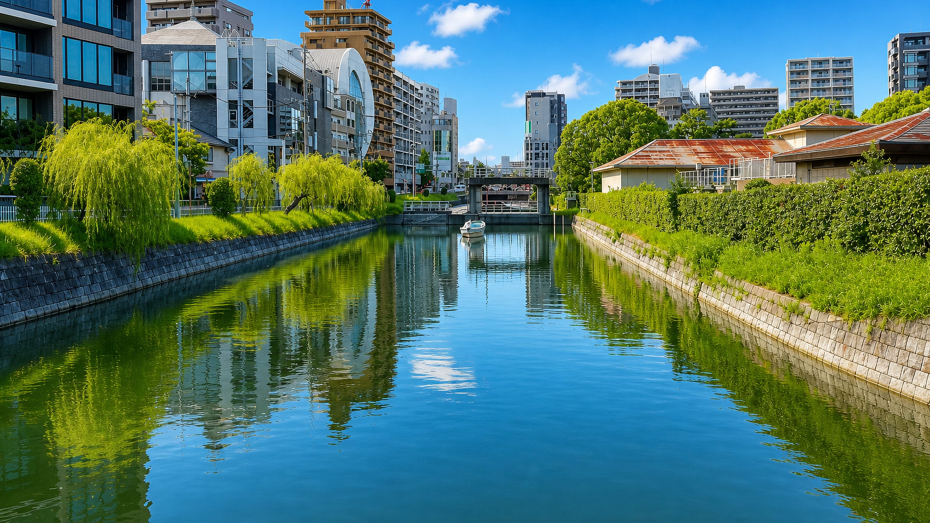 Willow-lined canal reflecting apartment towers and low tiled houses in Kuromon, Fukuoka.