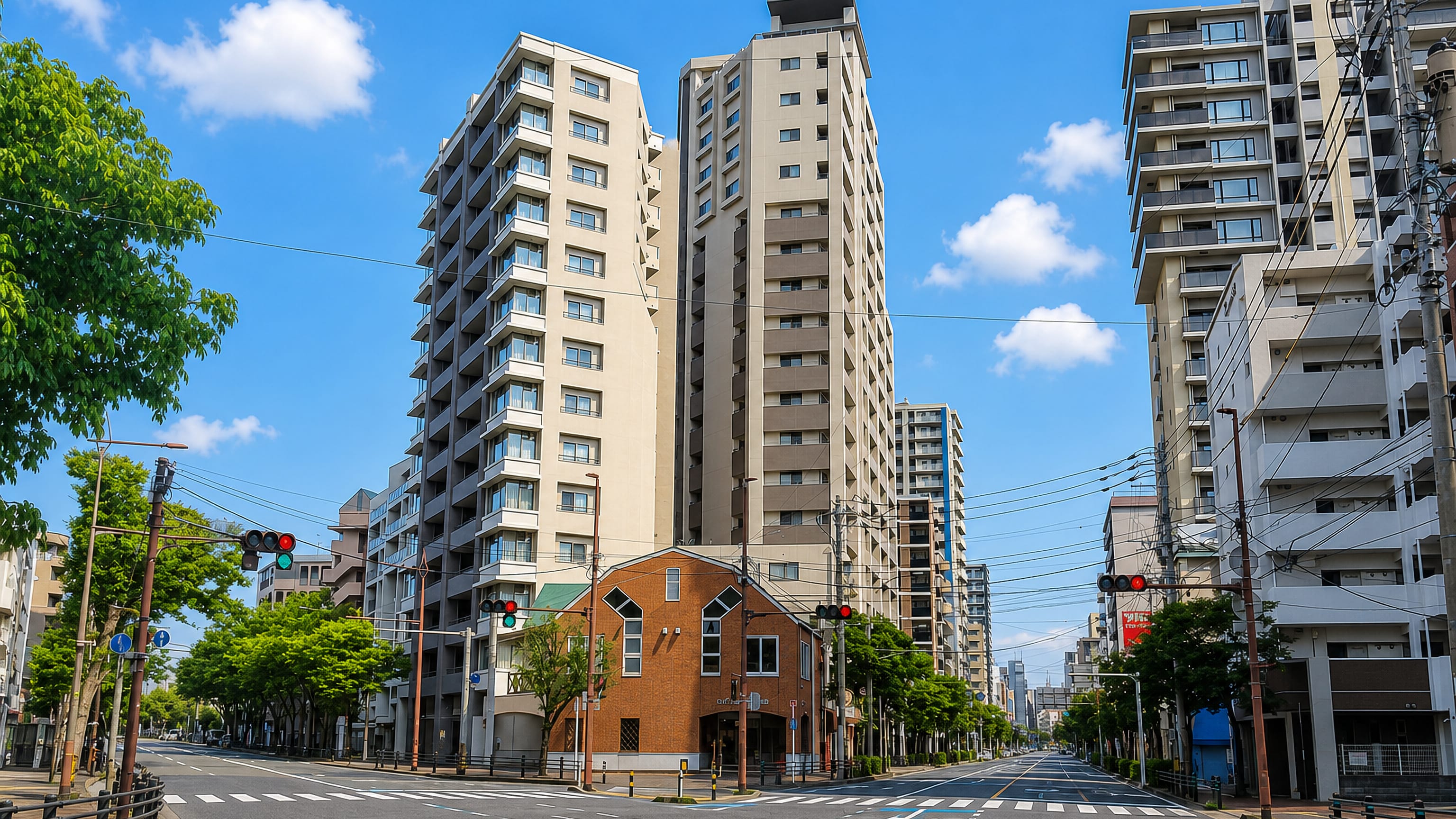 High-rise apartment blocks and a red-brick building line a broad tree-lined avenue in Kusagae, Fukuoka.
