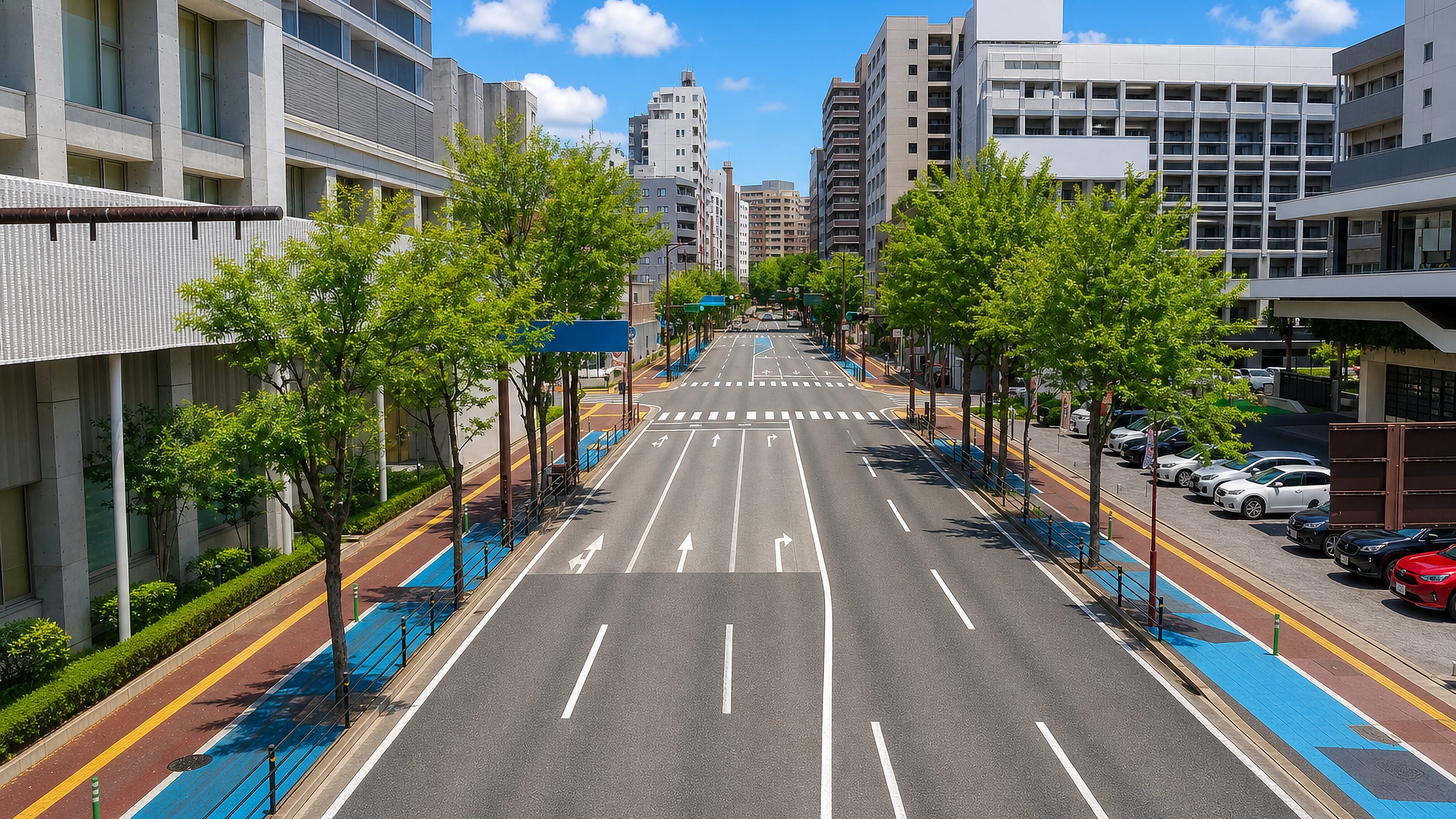 Tree-lined boulevard through Maizuru in Fukuoka, mid-rise offices and blue cycle lanes under a clear sky