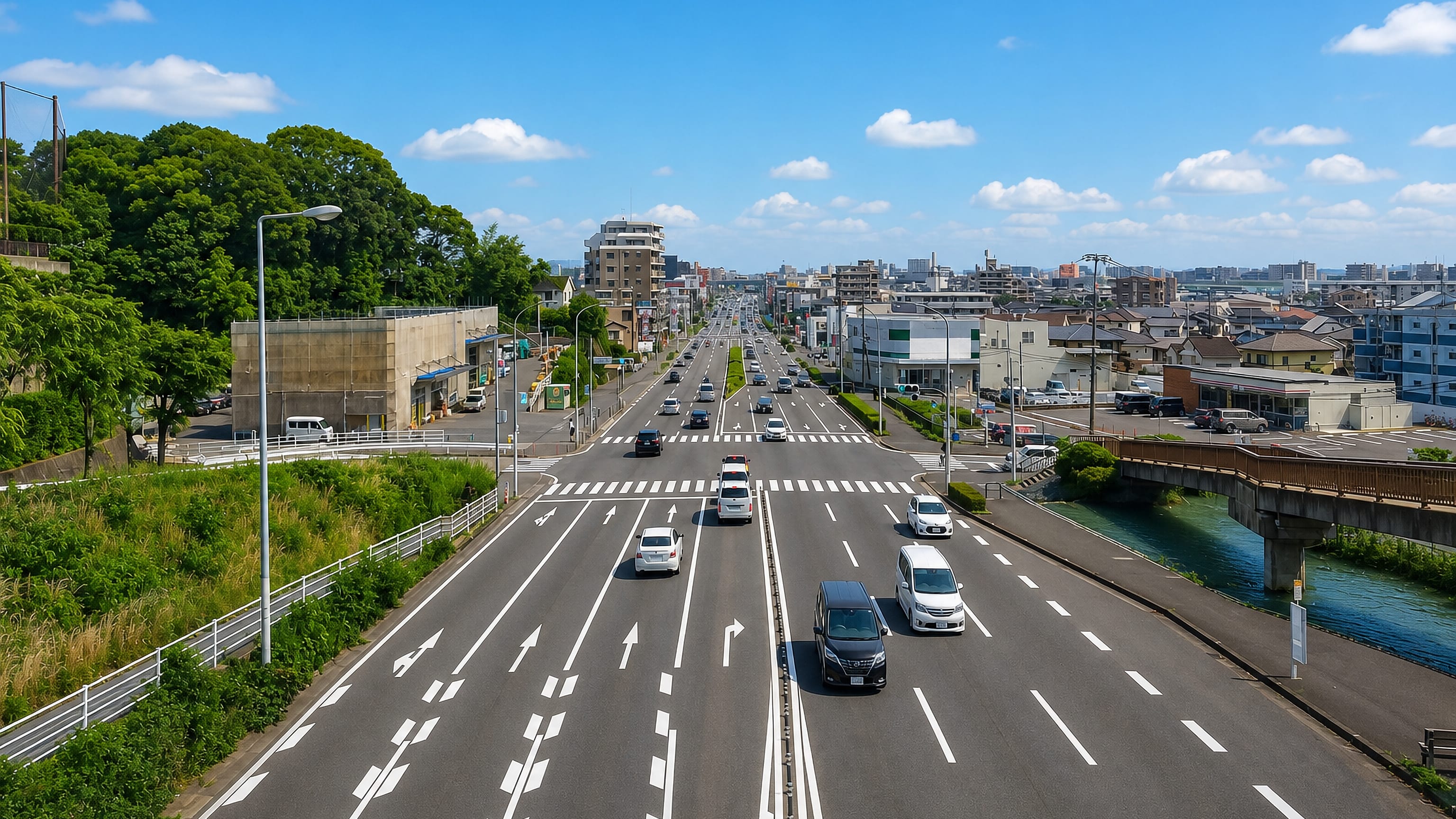 Wide arterial road running through the Matsuzaki district of Fukuoka, Japan, with the city skyline beyond.