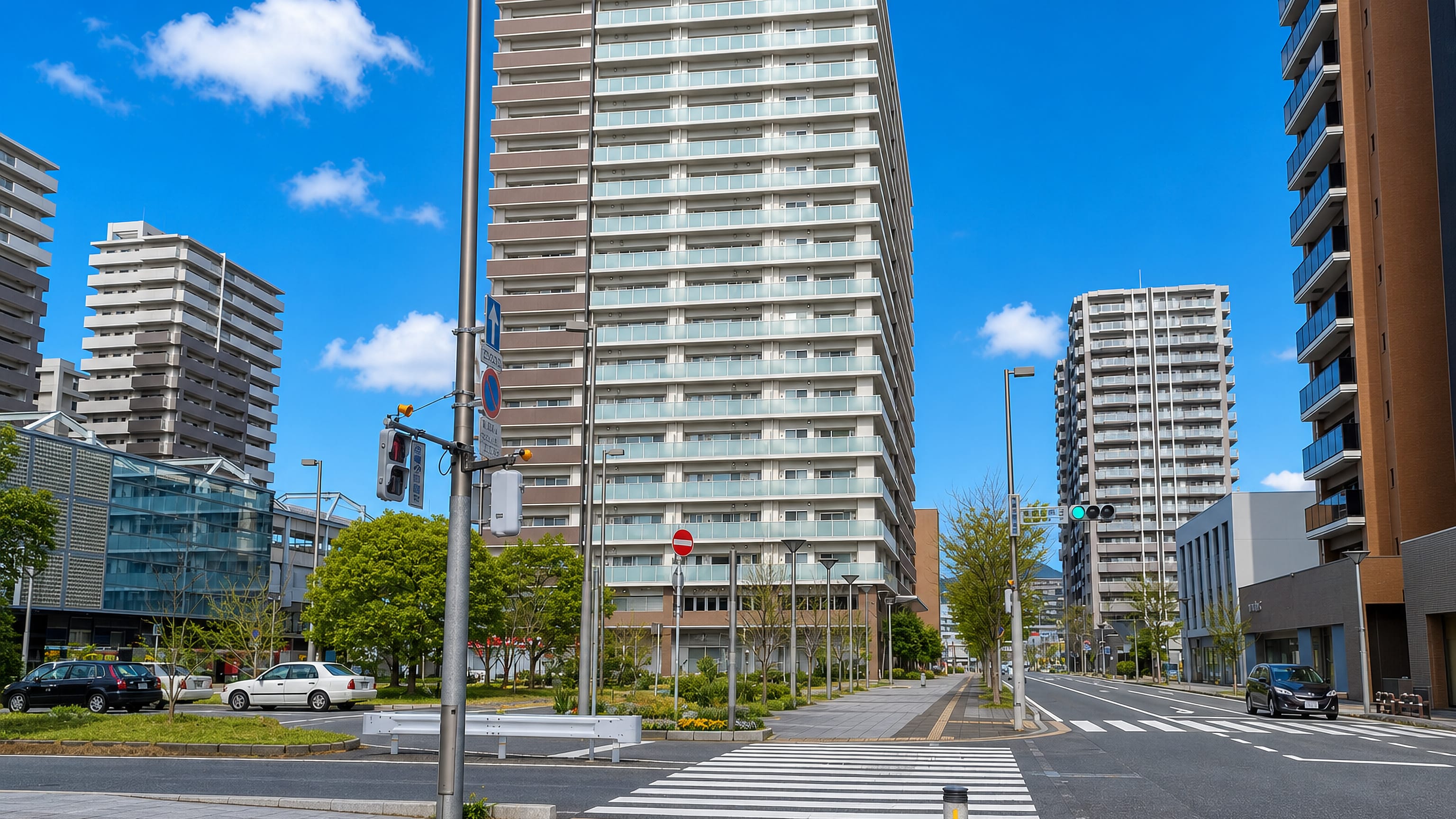 Wide boulevard lined with high-rise apartment blocks and street trees in Mizutani, Fukuoka.
