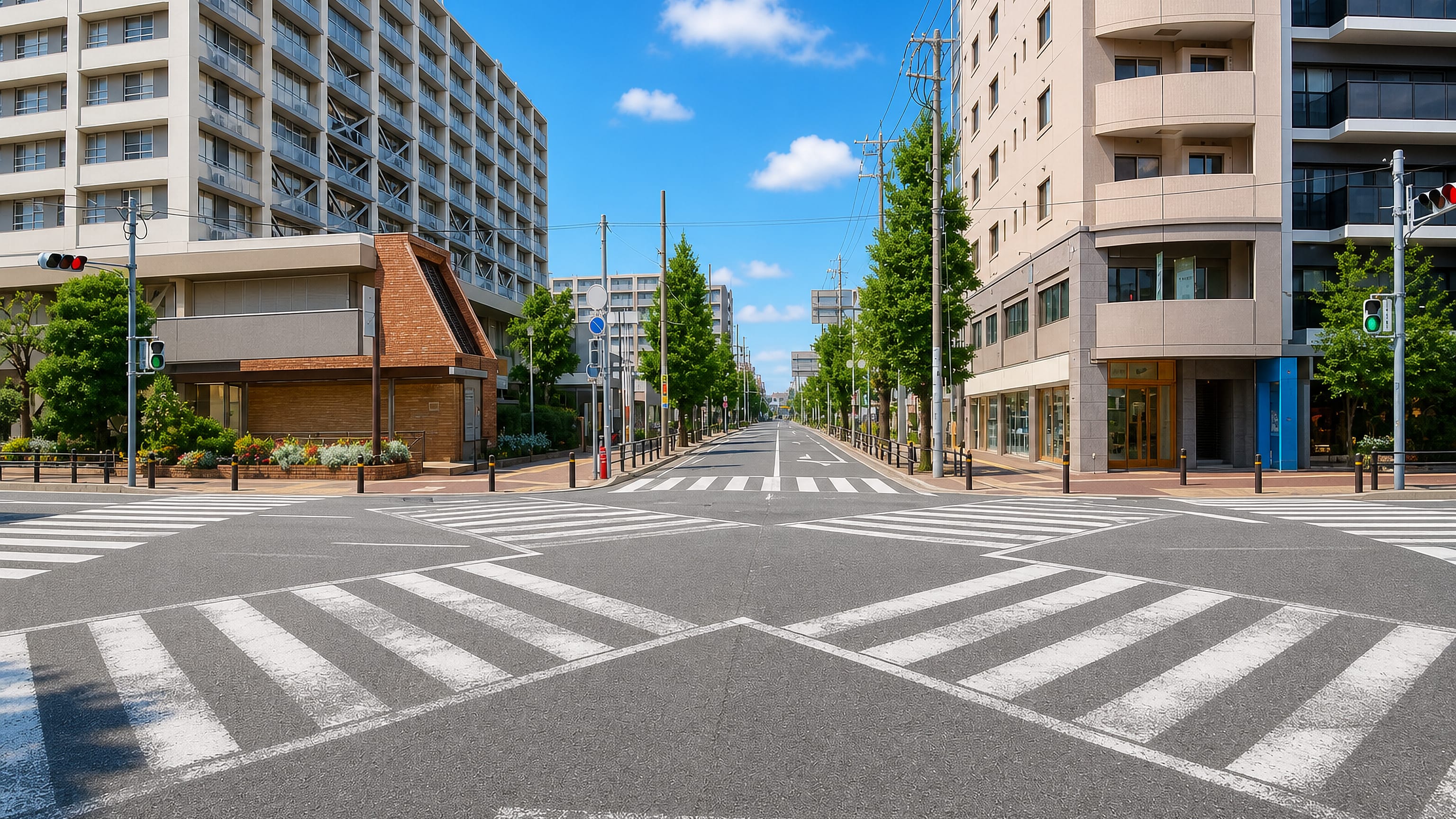 Wide tree-lined boulevard and crossing among mid-rise apartment blocks in Momochi, Fukuoka.