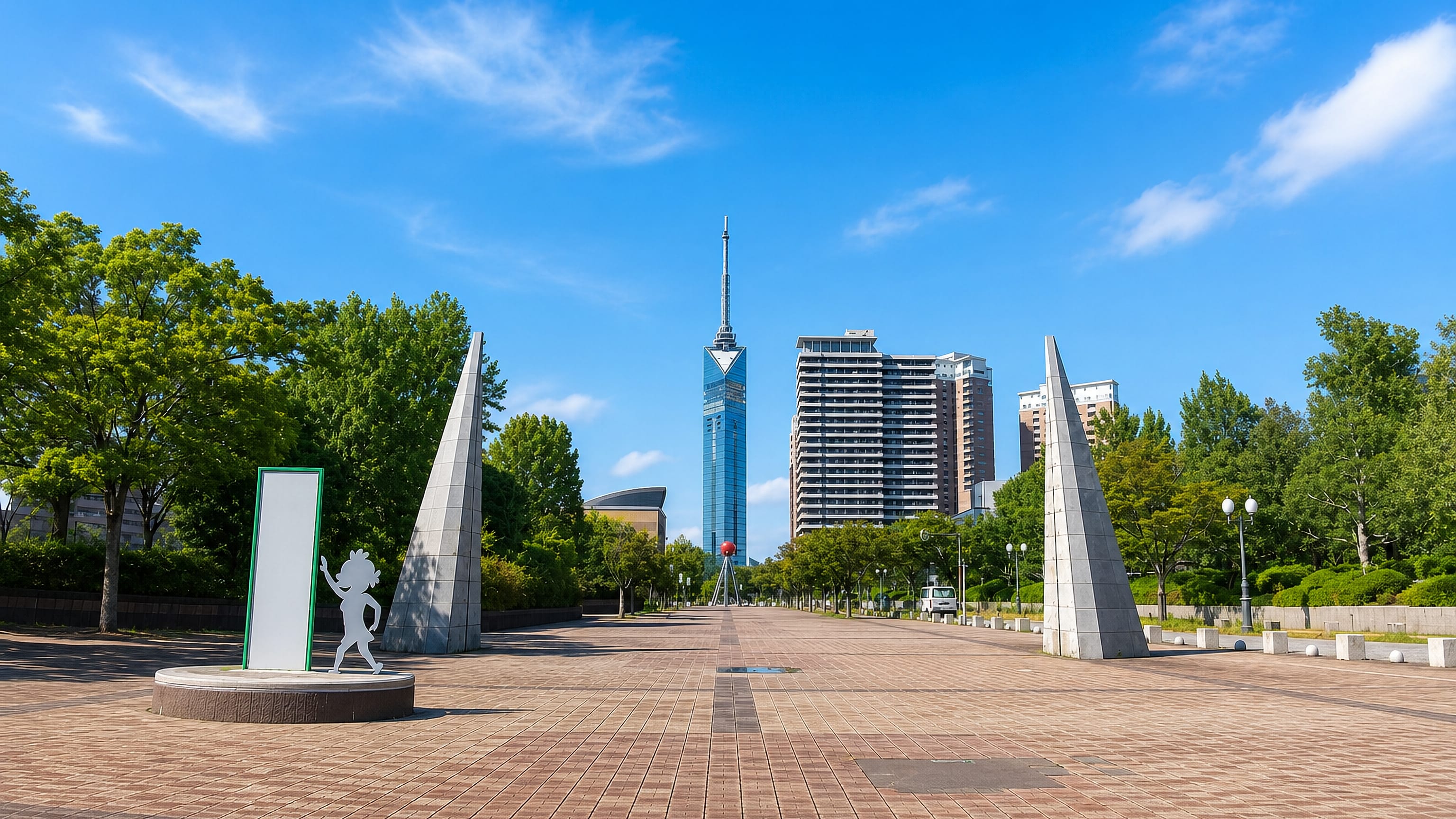 Fukuoka Tower rising beyond the brick promenade and apartment blocks of Momochihama, Fukuoka.