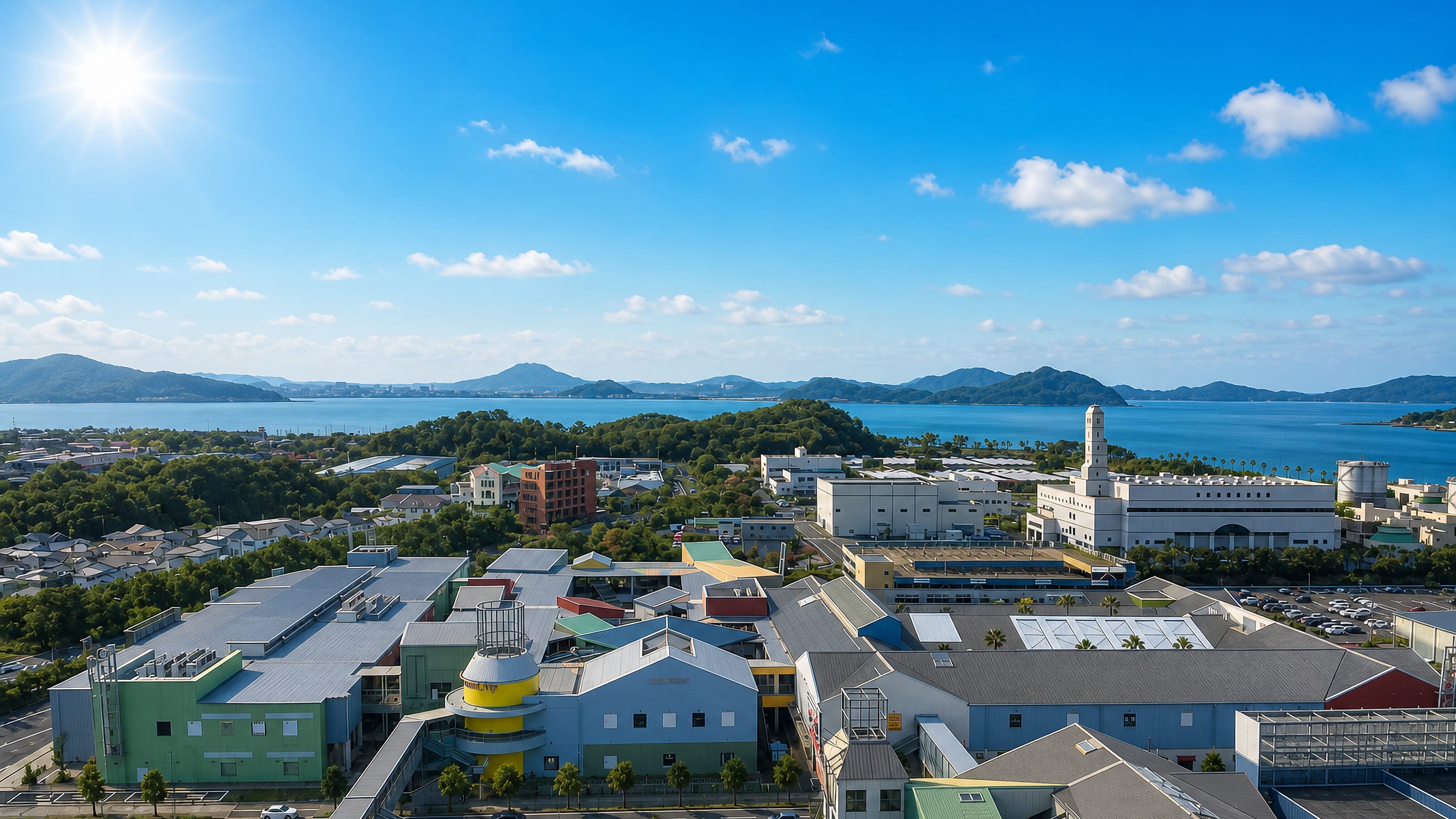 Low-rise commercial blocks along Hakata Bay with islands on the horizon at Odo, Fukuoka.