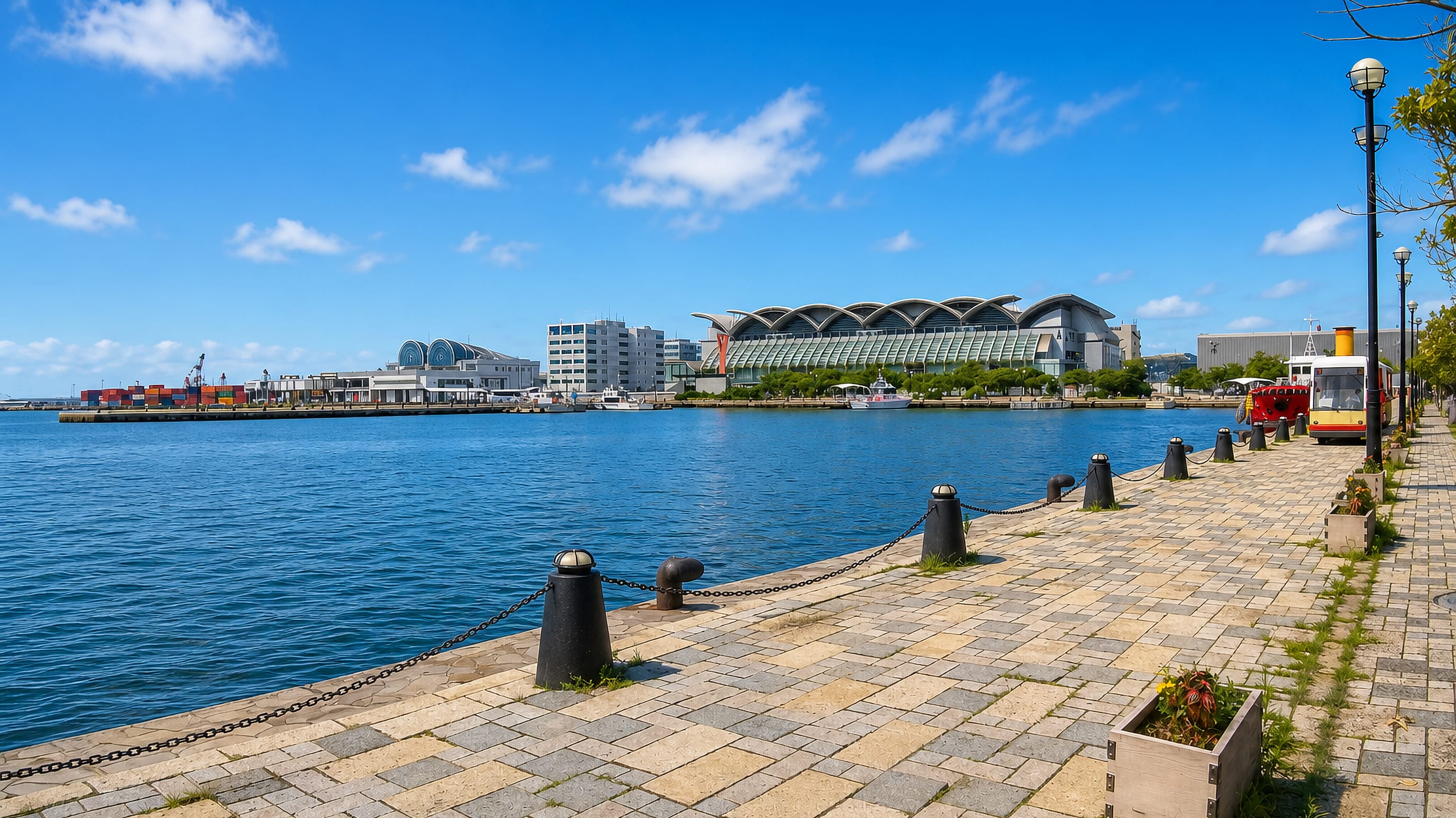 Okihamamachi in Fukuoka, a paved harbour promenade looking across the water to a wave-roofed hall and port cranes.