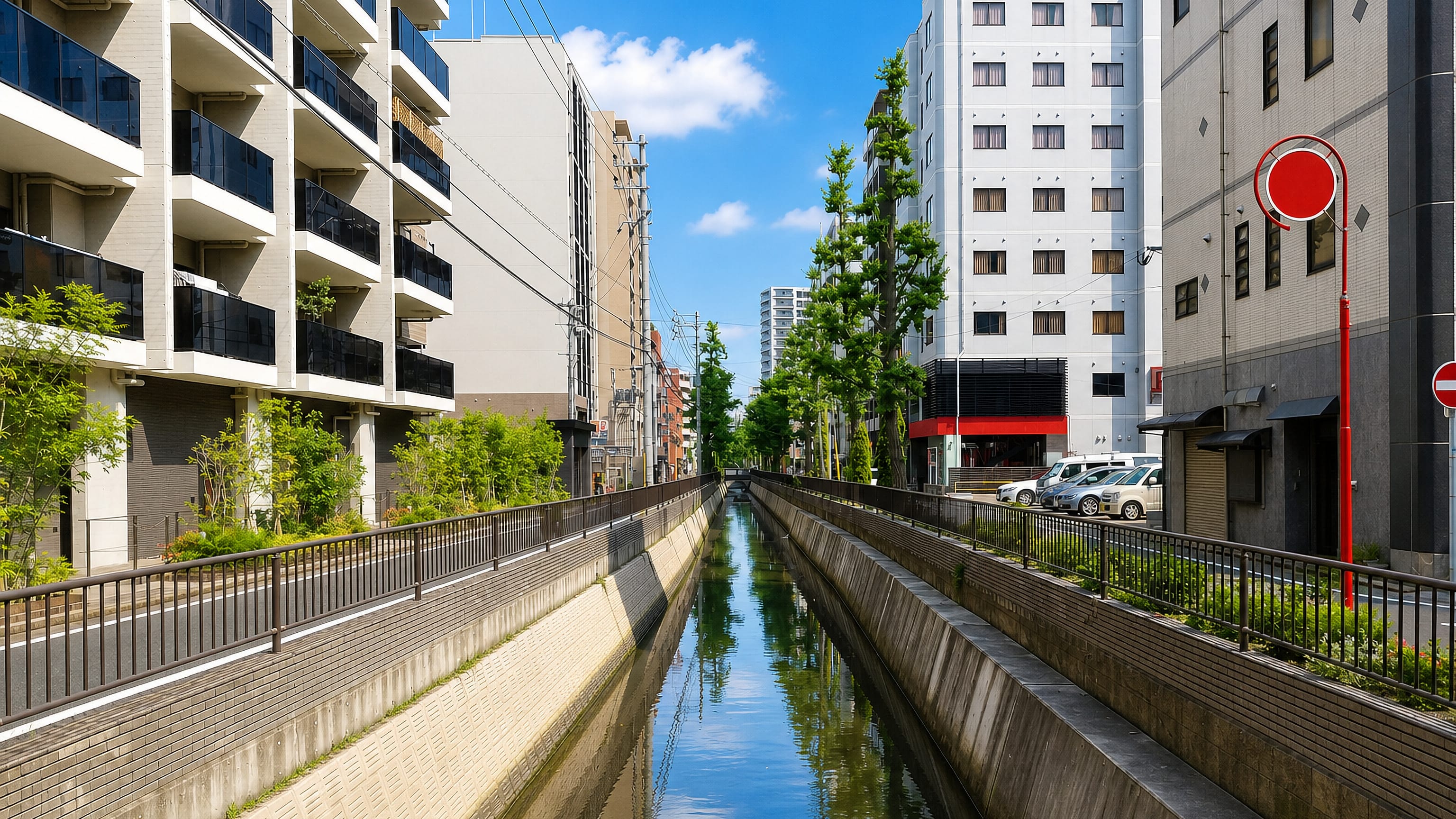 Concrete-lined canal between mid-rise apartment blocks in Ōmiya, a central neighbourhood of Fukuoka, Japan.