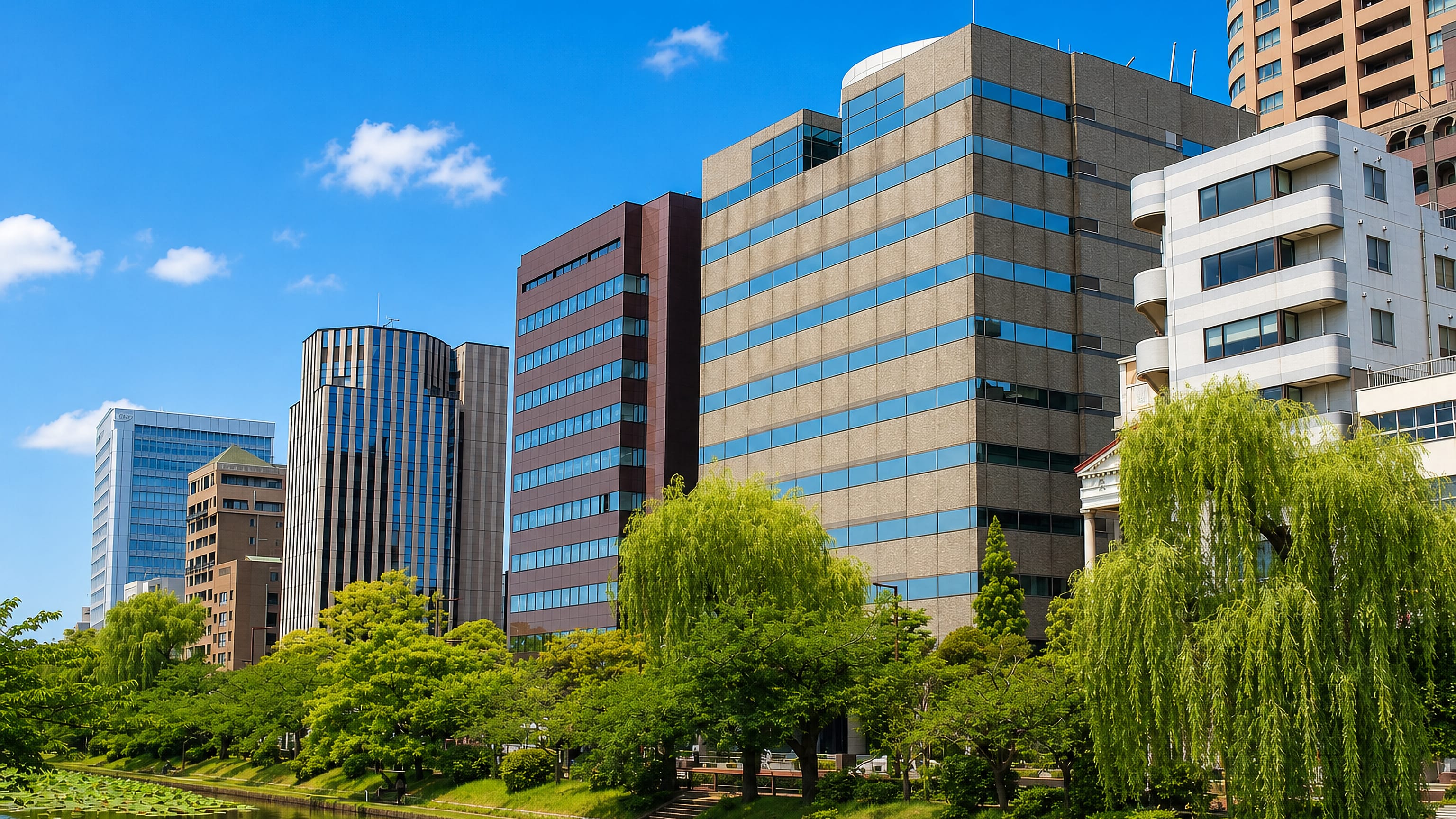 Office towers rise above willow trees along the castle moat in Ōtemon, central Fukuoka.