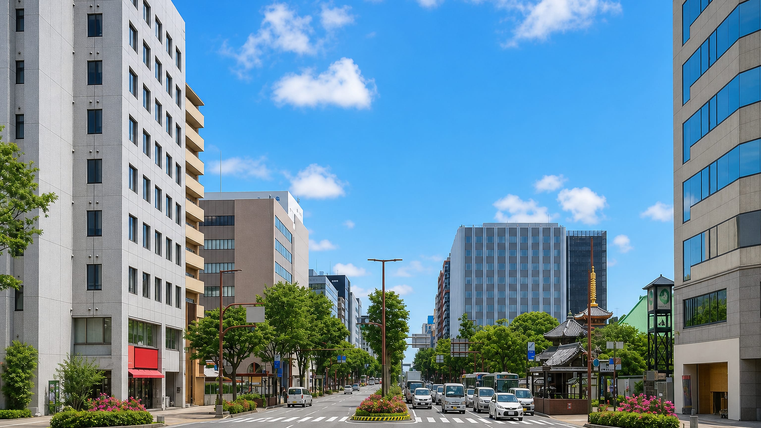 Taihaku-dori through Reisenmachi in Hakata, Fukuoka, offices flanking a temple with a gilded spire.