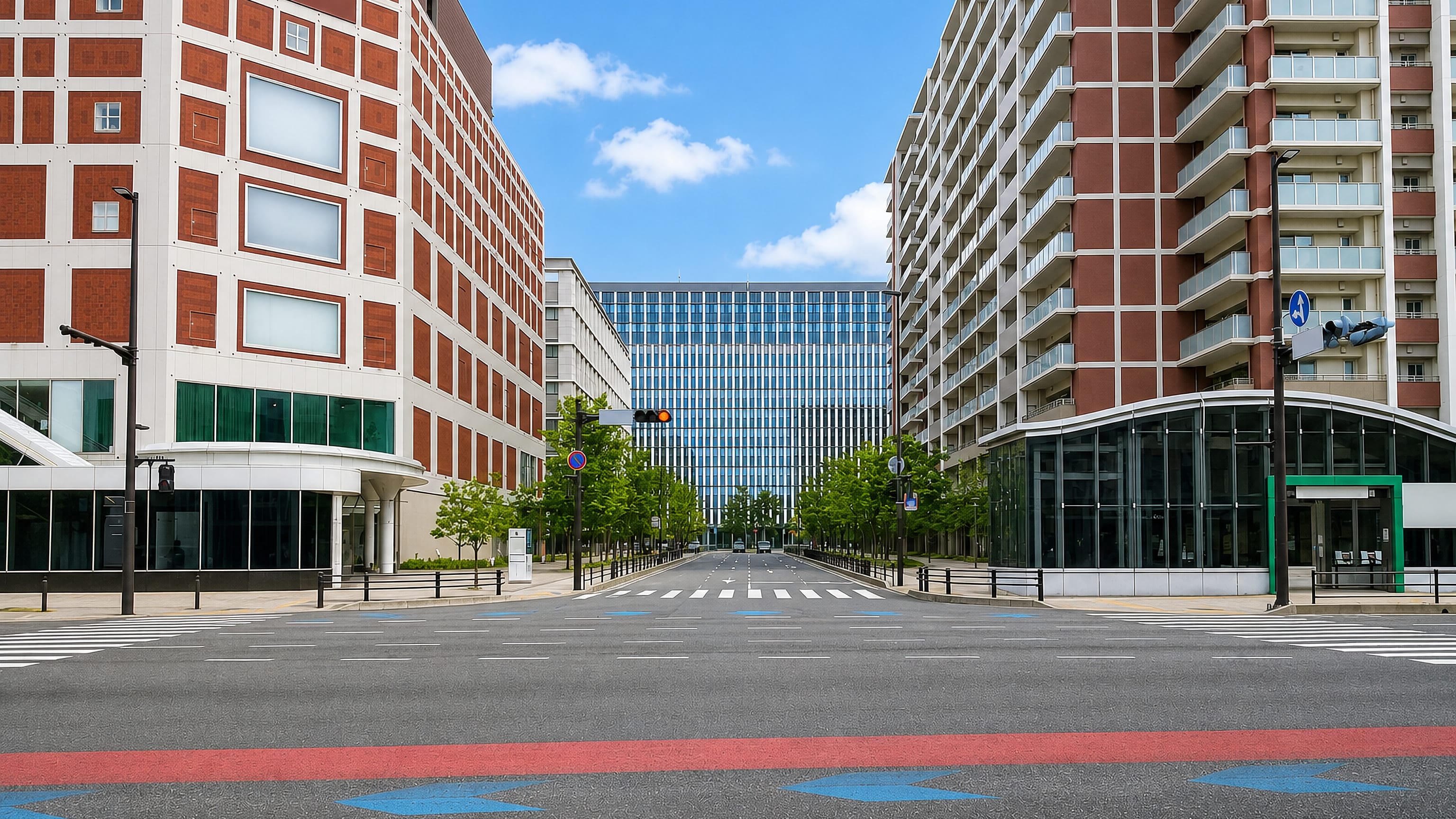 Wide tree-lined avenue in Ropponmatsu, Fukuoka, framed by modern brick-clad apartment and office blocks.