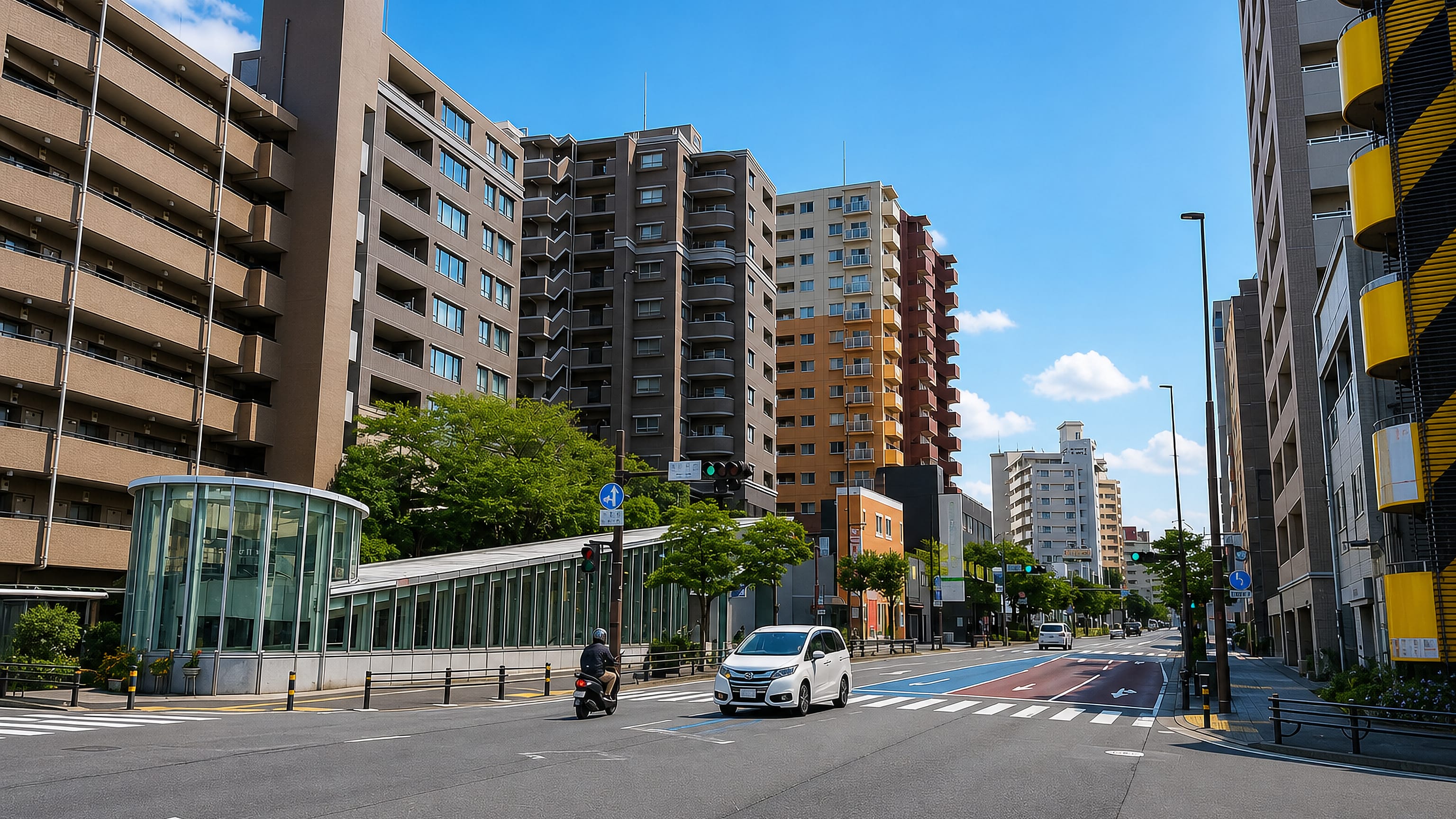Apartment towers and a glass subway entrance along a broad street in Sakurazaka, Fukuoka.