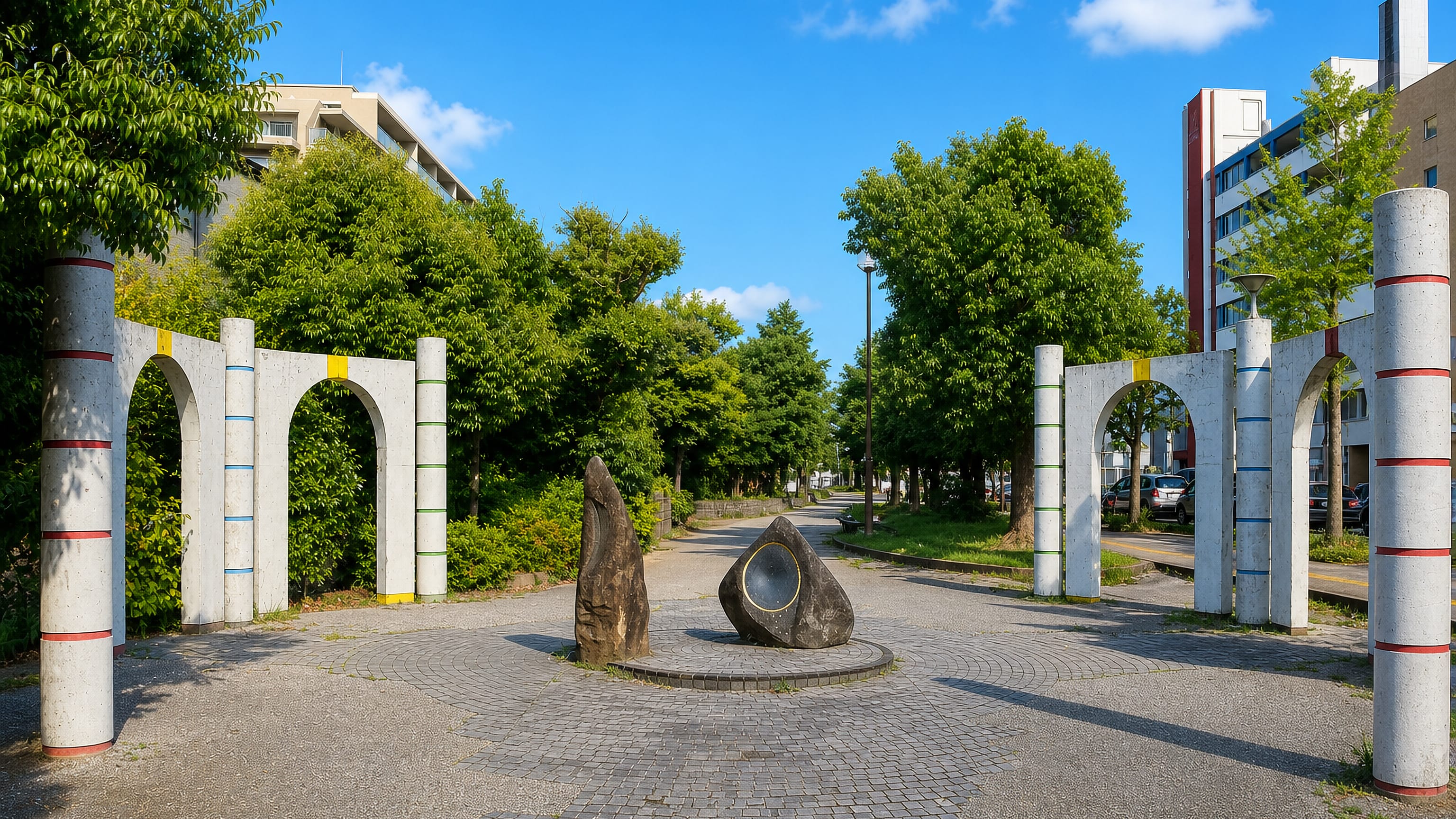 Landscaped pedestrian promenade with concrete arches and stone sculptures in Sasaoka, Fukuoka