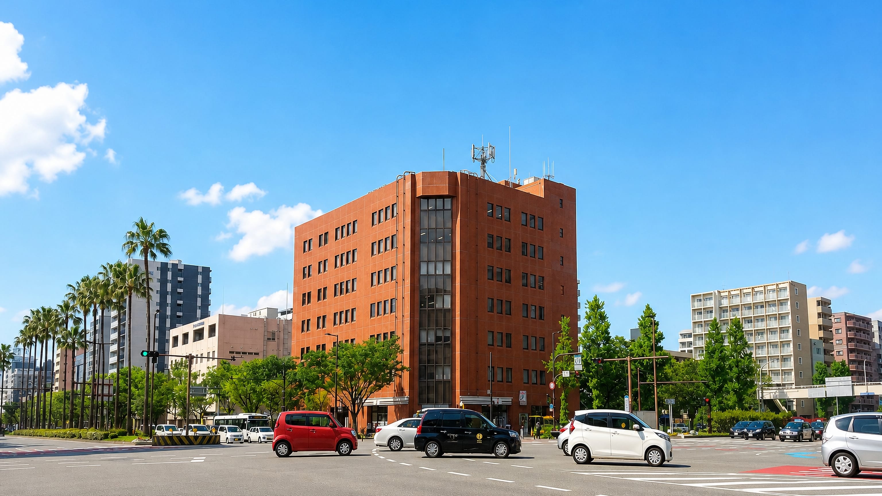 Red-brick office block on a broad palm-lined intersection in Shimo-gofukumachi, Hakata, Fukuoka.