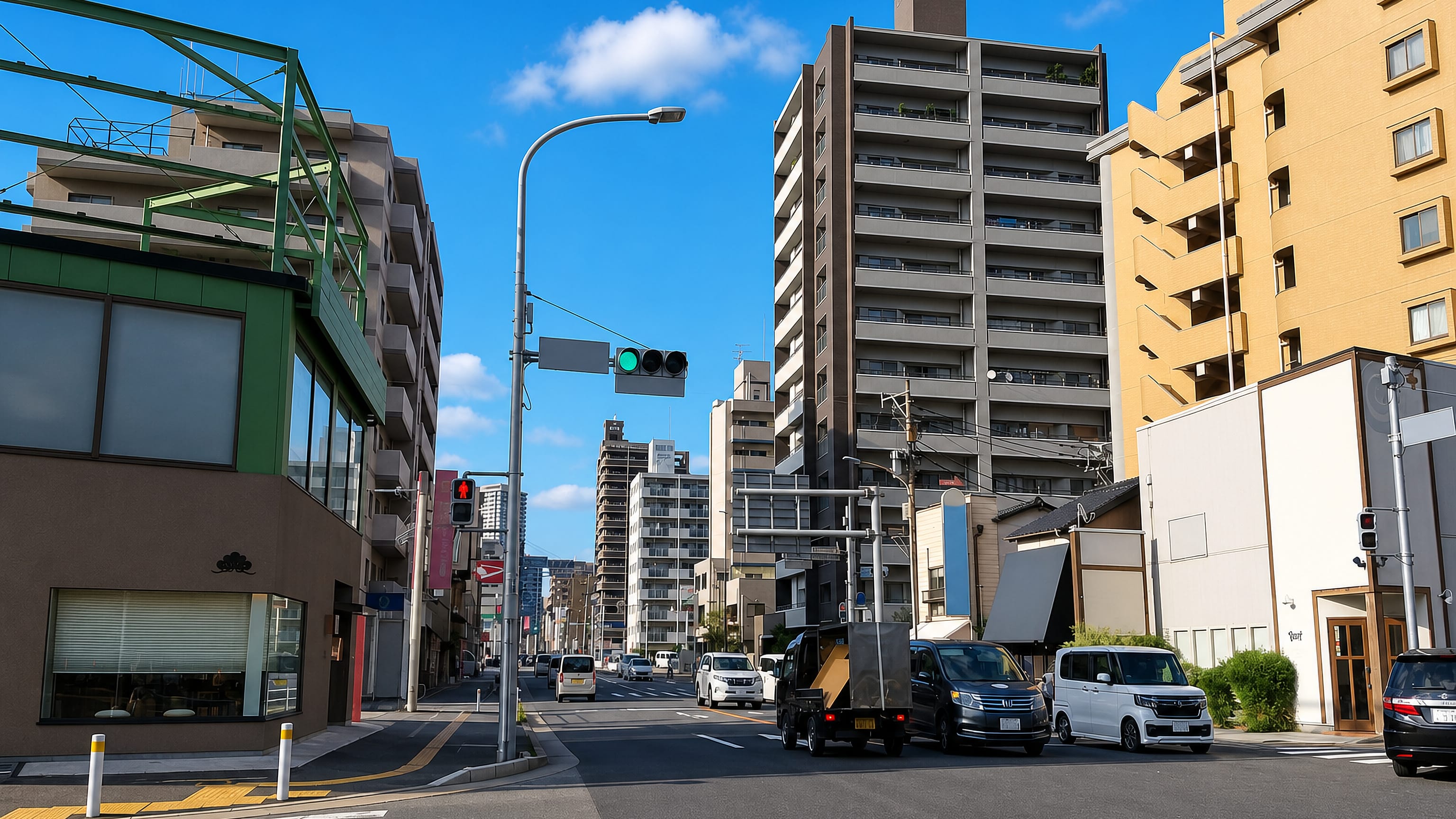 Apartment blocks and shopfronts at a sunlit crossing in Shōdai, Fukuoka