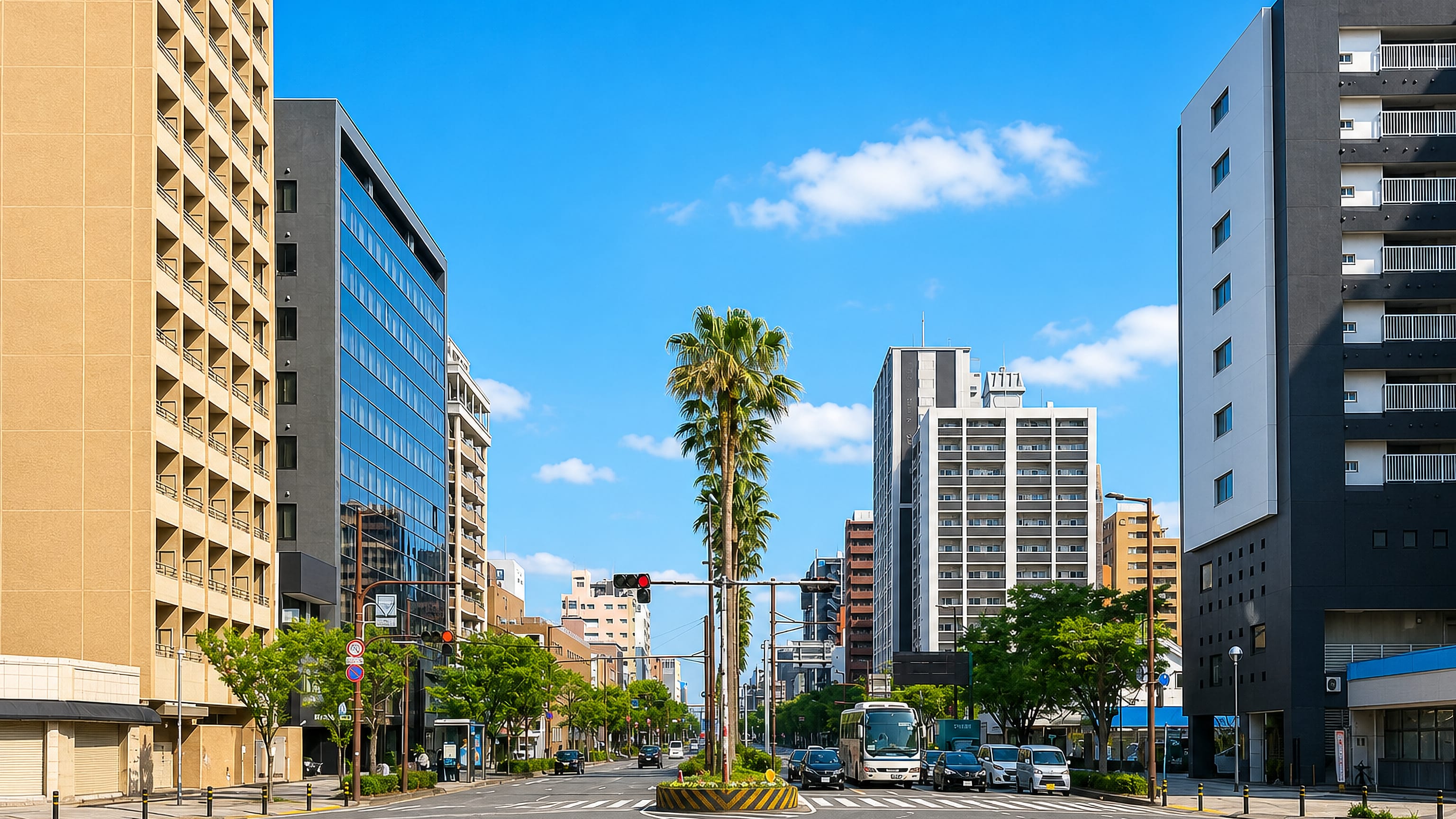 Wide palm-lined avenue flanked by mid-rise offices and apartments in Taihakumachi, Fukuoka.