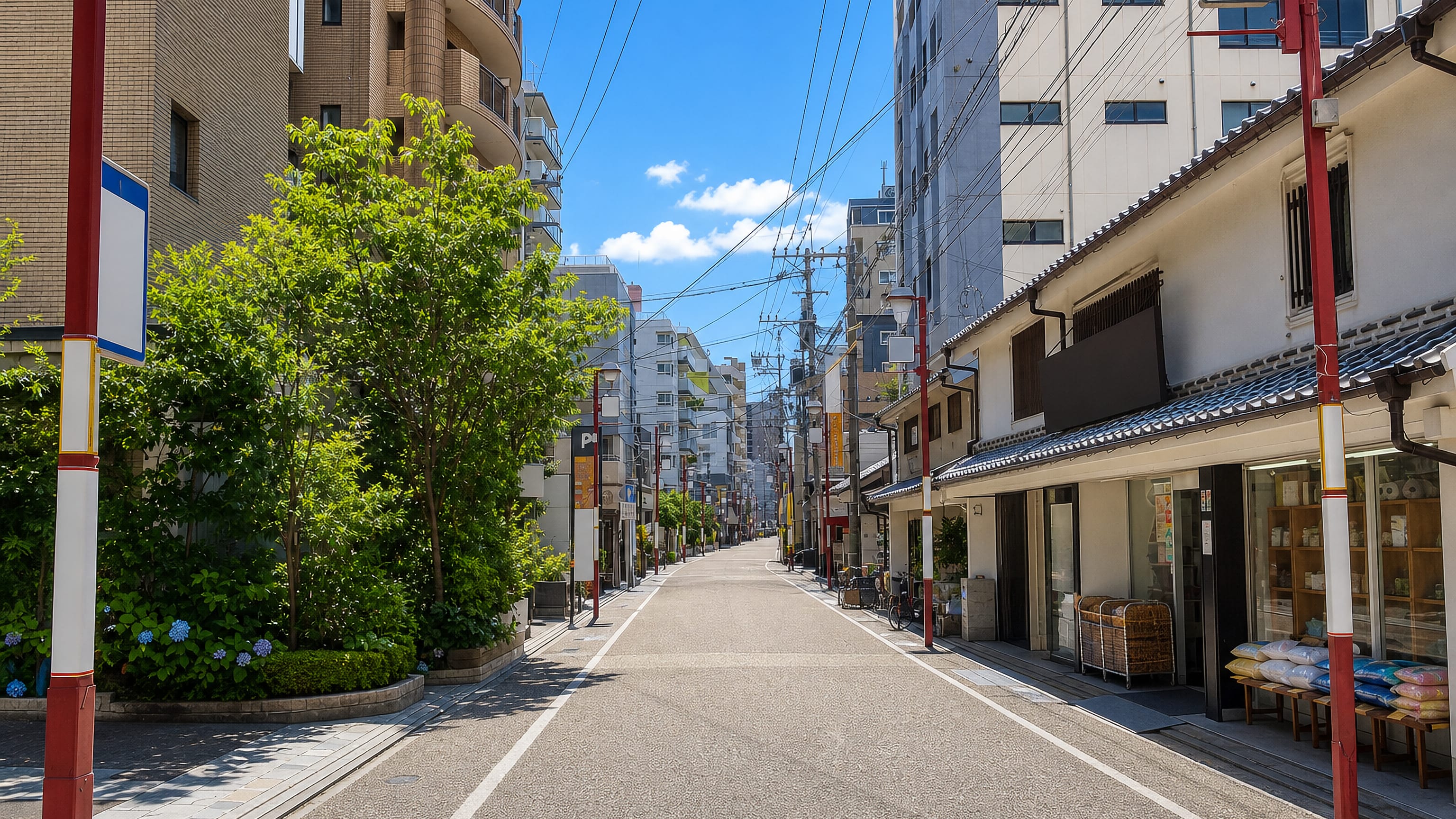 Quiet street in Takatori, Fukuoka, lined with a traditional tiled-roof shop and modern apartment blocks under overhead wires.