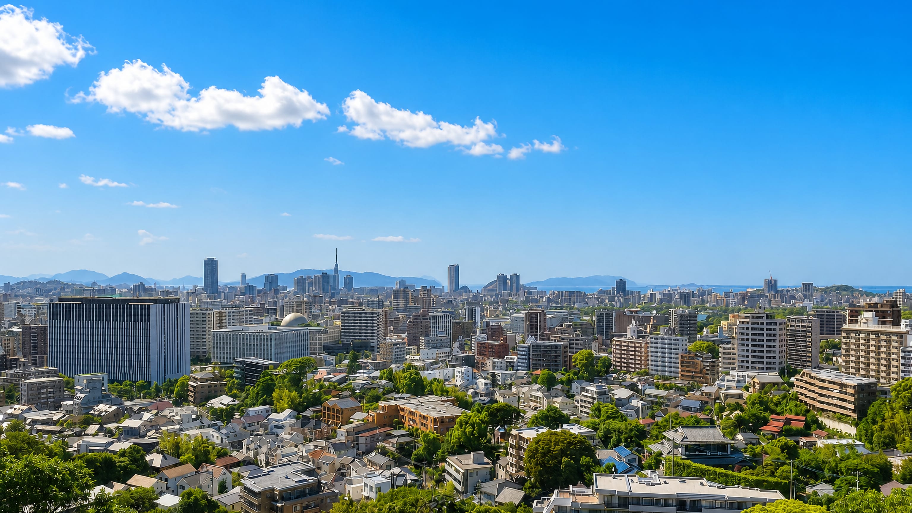 Daytime skyline over Tani in Fukuoka, with low-rise streets and Fukuoka Tower on the distant coast.